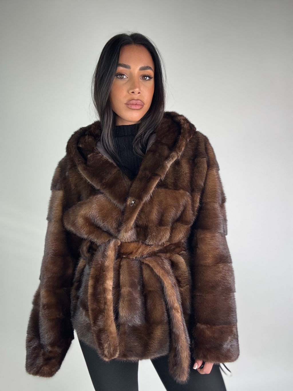 Mink jacket with belt and hood