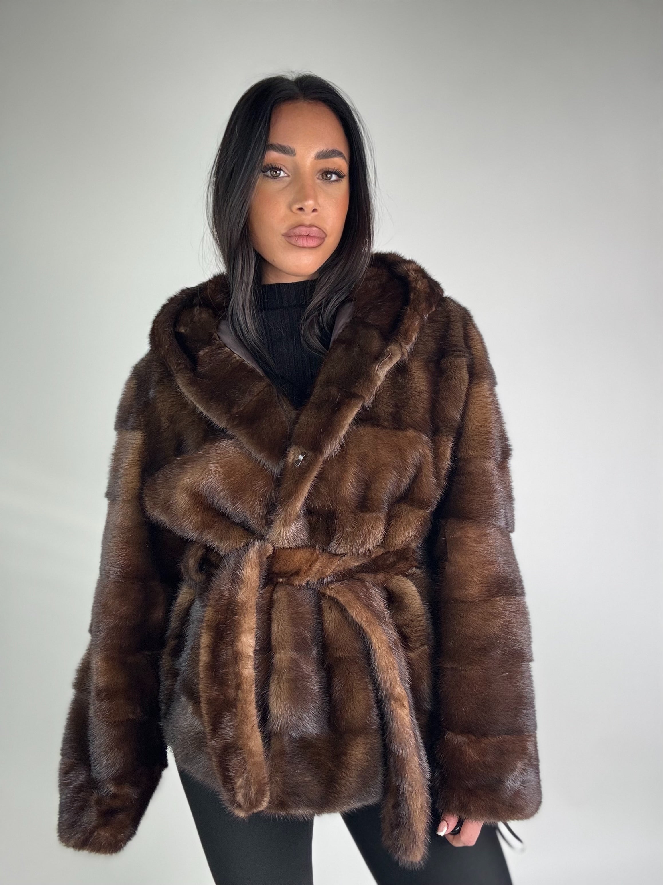 Mink jacket with belt and hood
