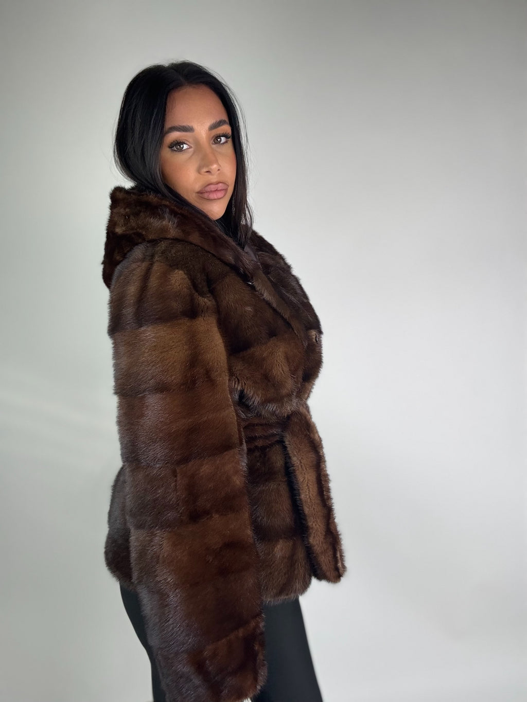 Mink jacket with belt and hood