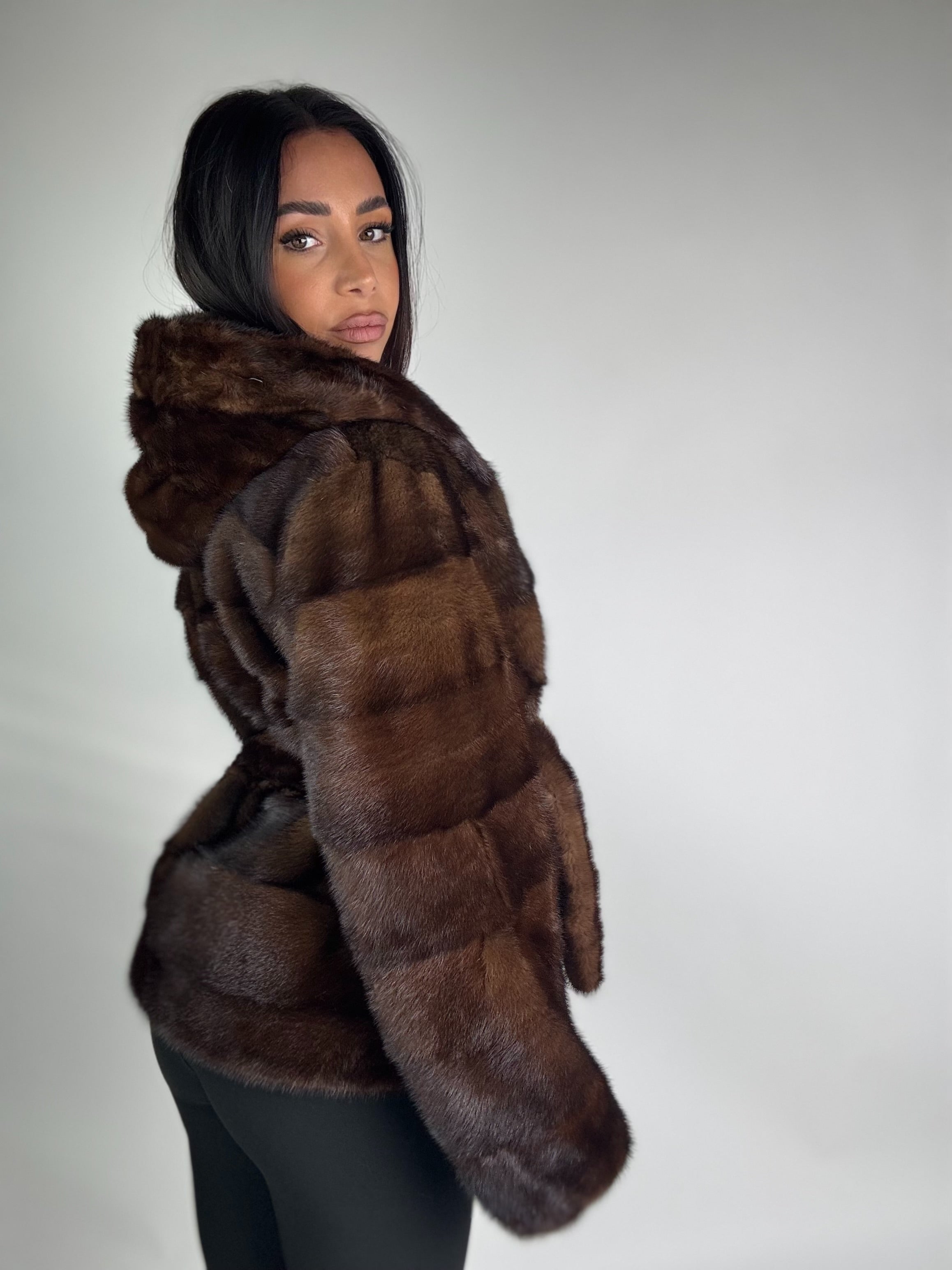 Mink jacket with belt and hood