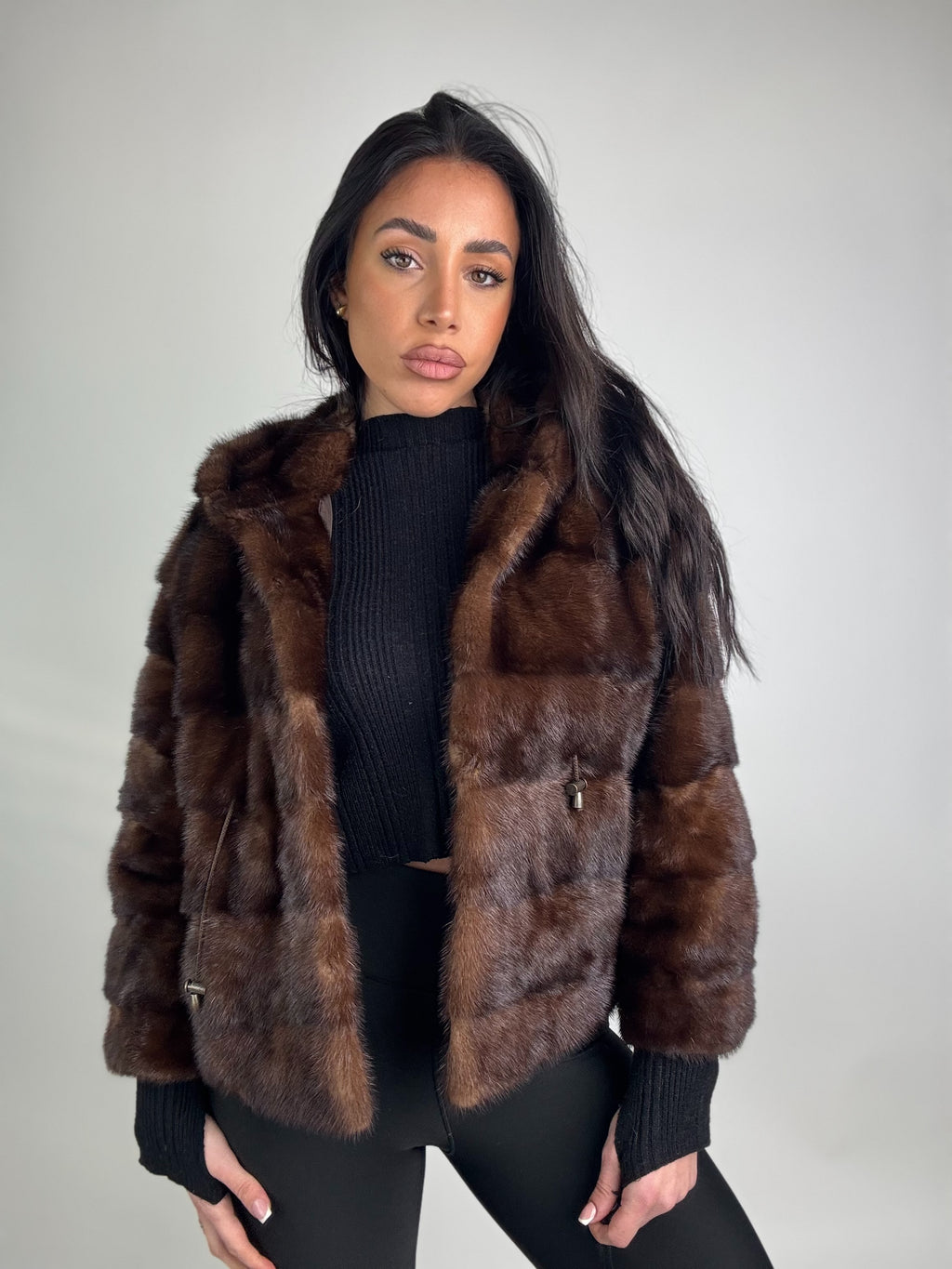 Mink jacket with belt and hood