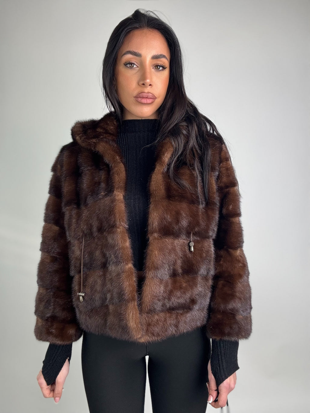 Mink jacket with belt and hood