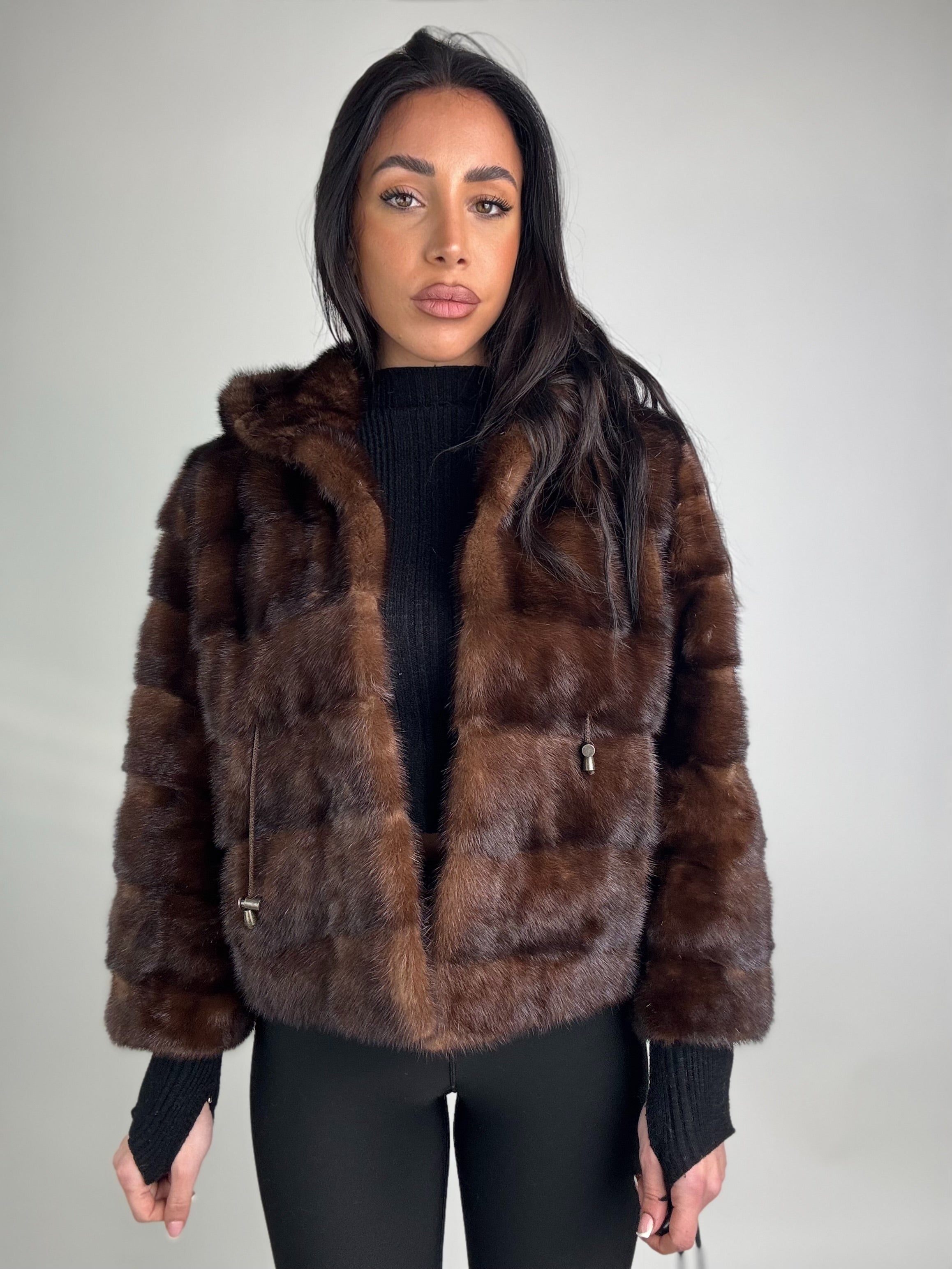 Mink jacket with belt and hood