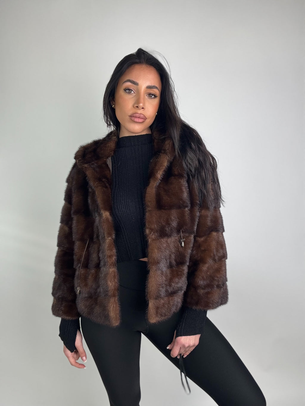 Mink jacket with belt and hood