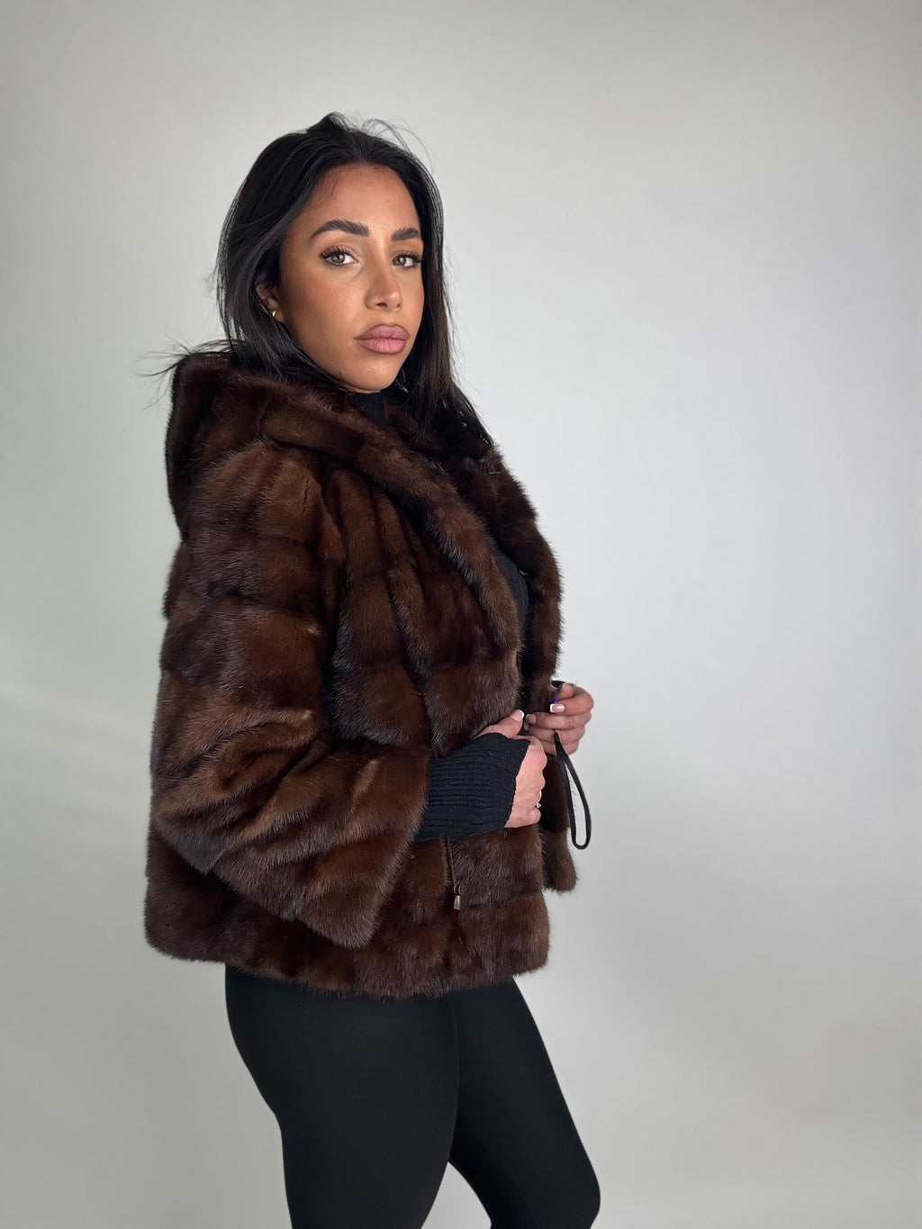 Mink jacket with belt and hood