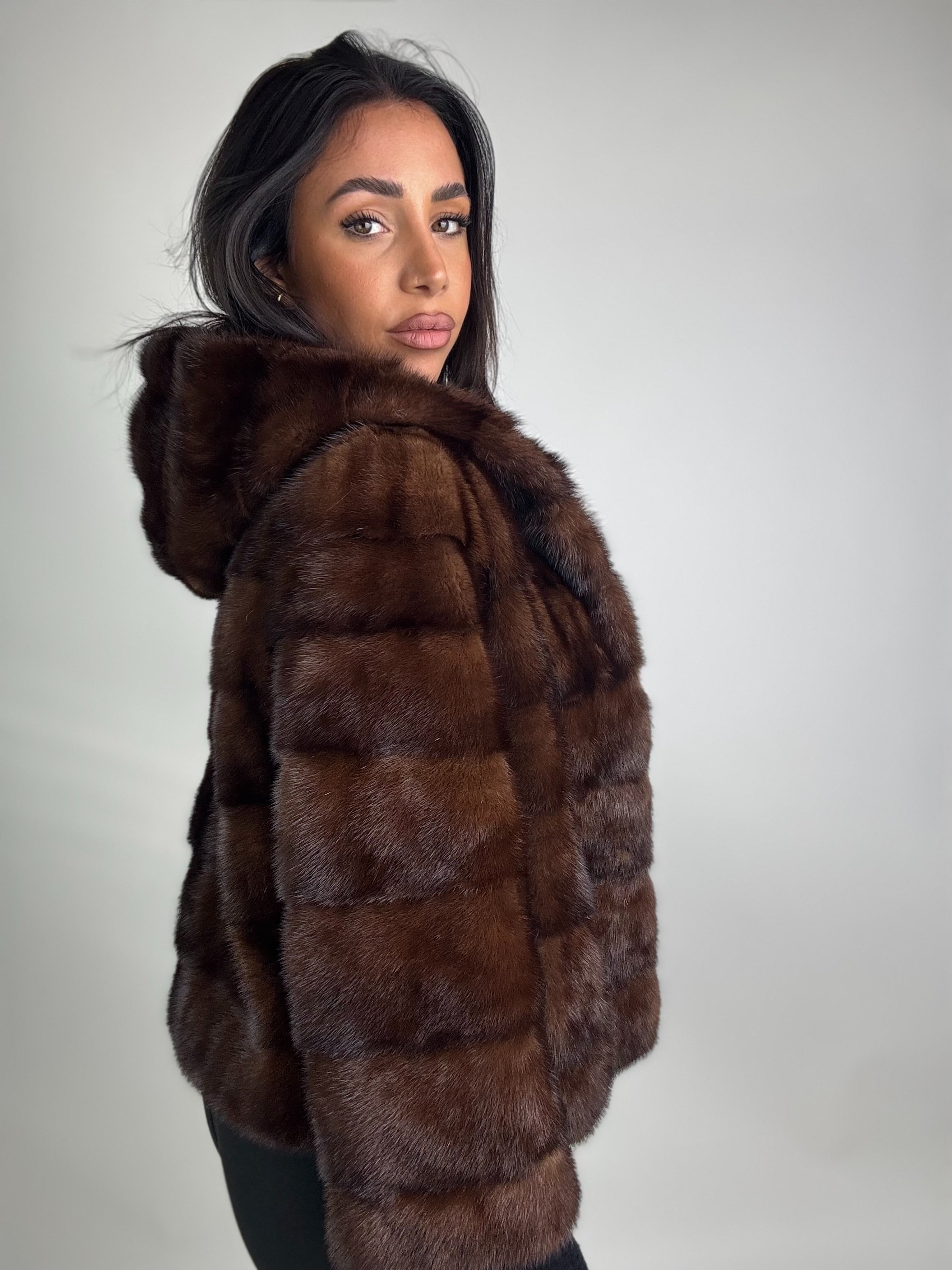 Mink jacket with belt and hood