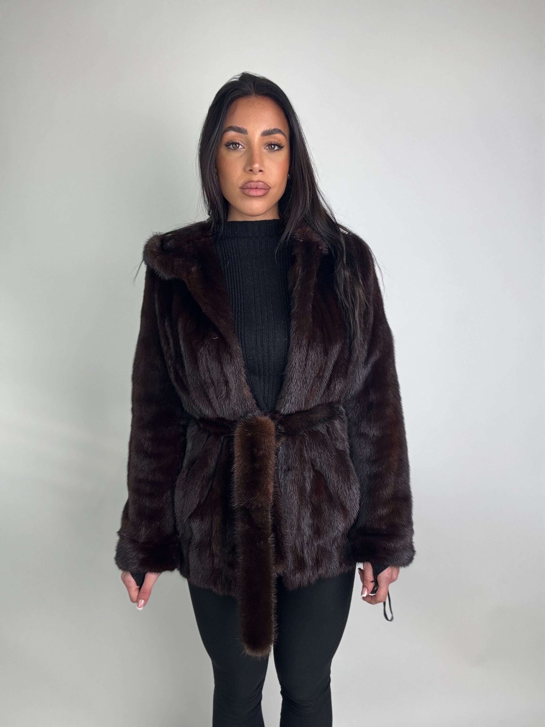 Mink jacket with belt and hood