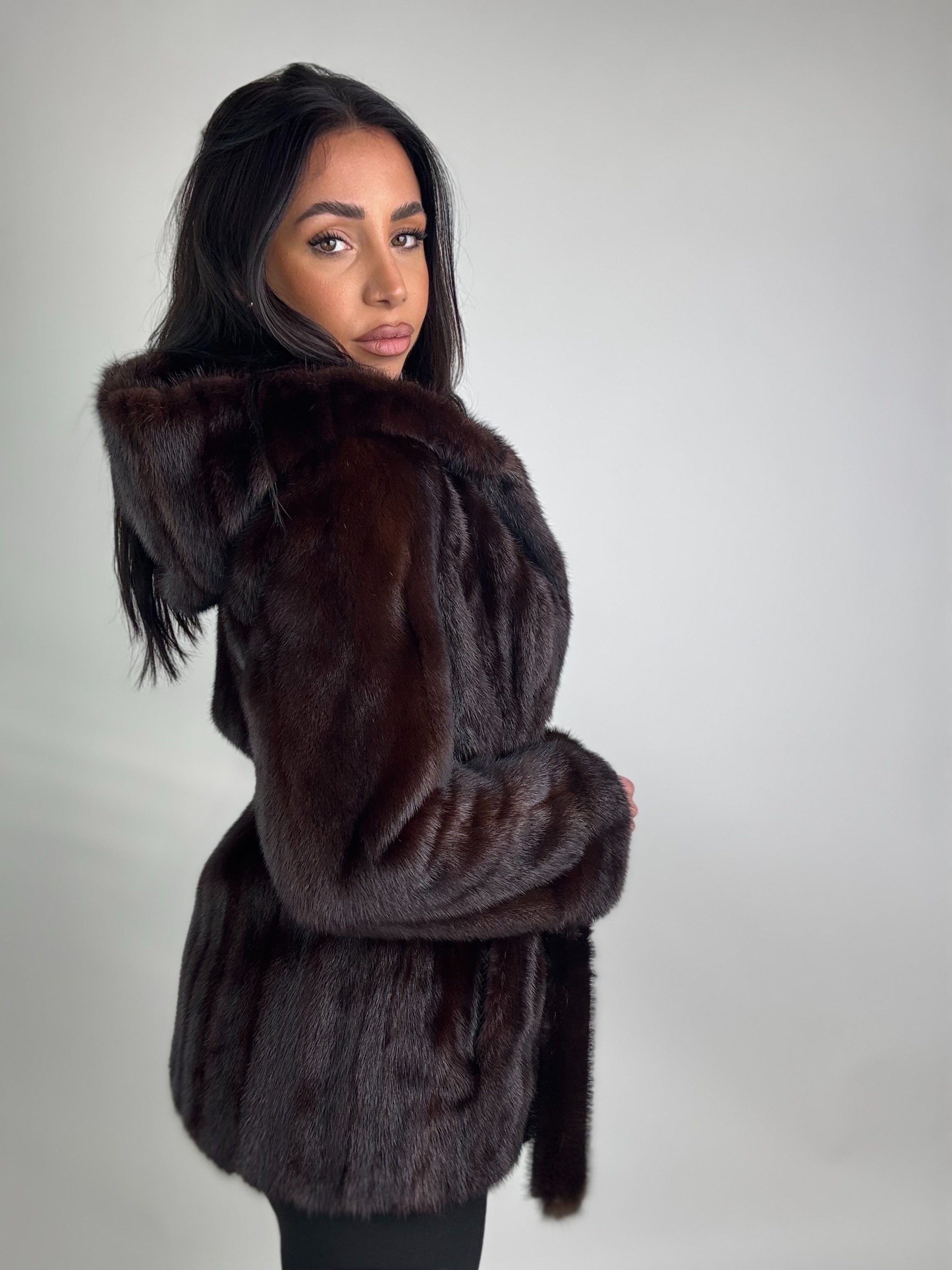 Mink jacket with belt and hood