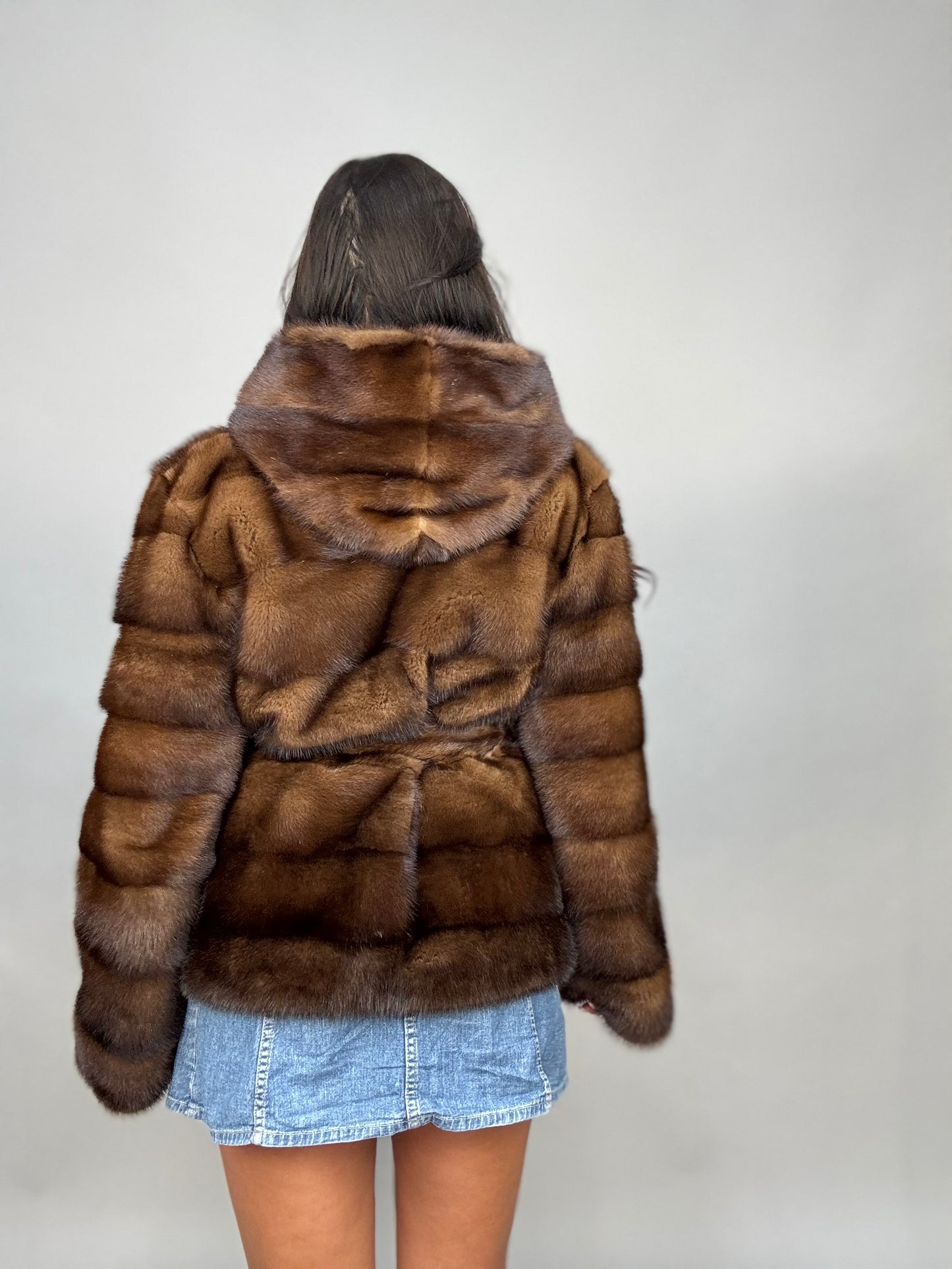 Mink jacket with belt and hood