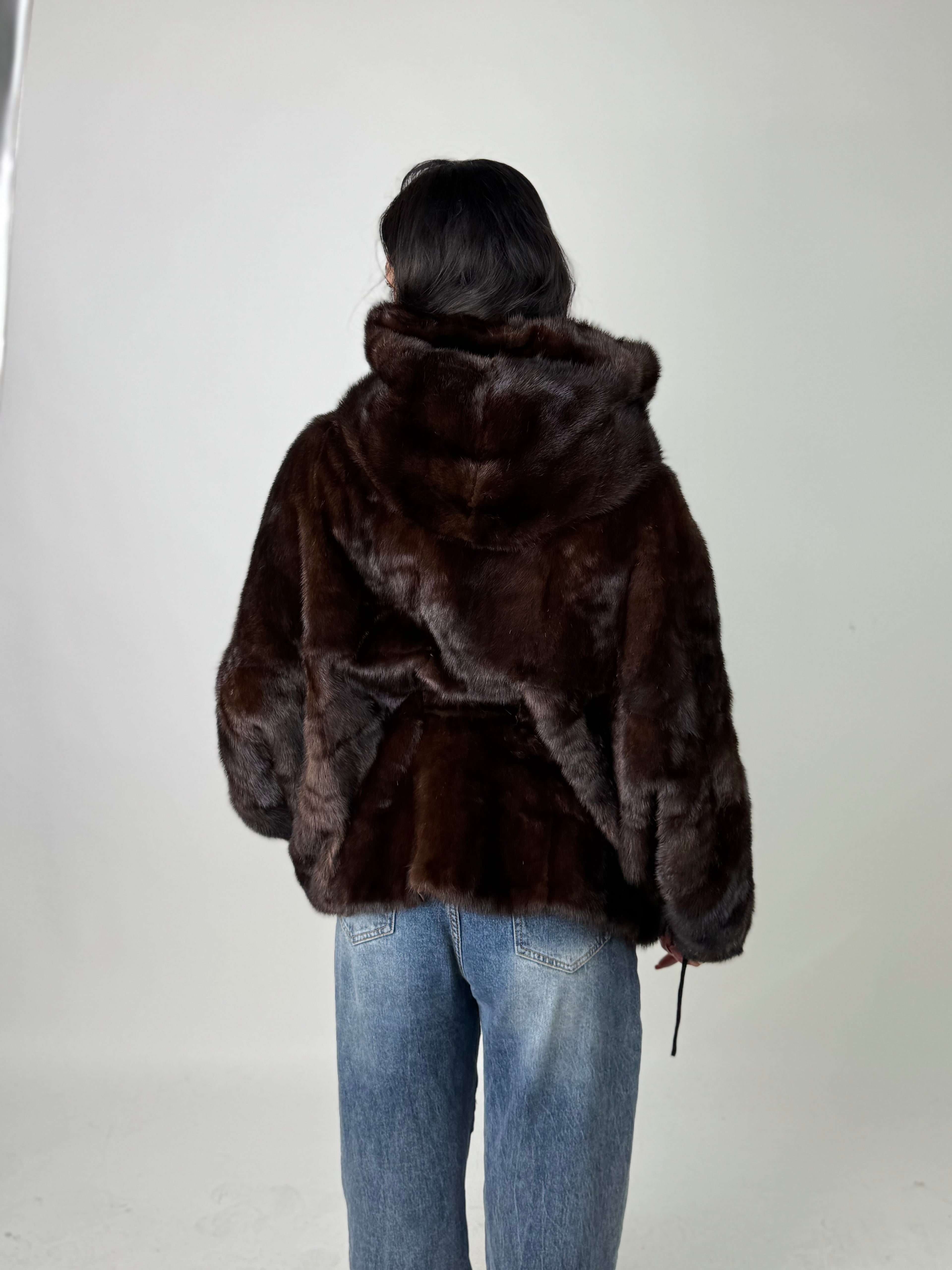 Mink jacket with belt and hood