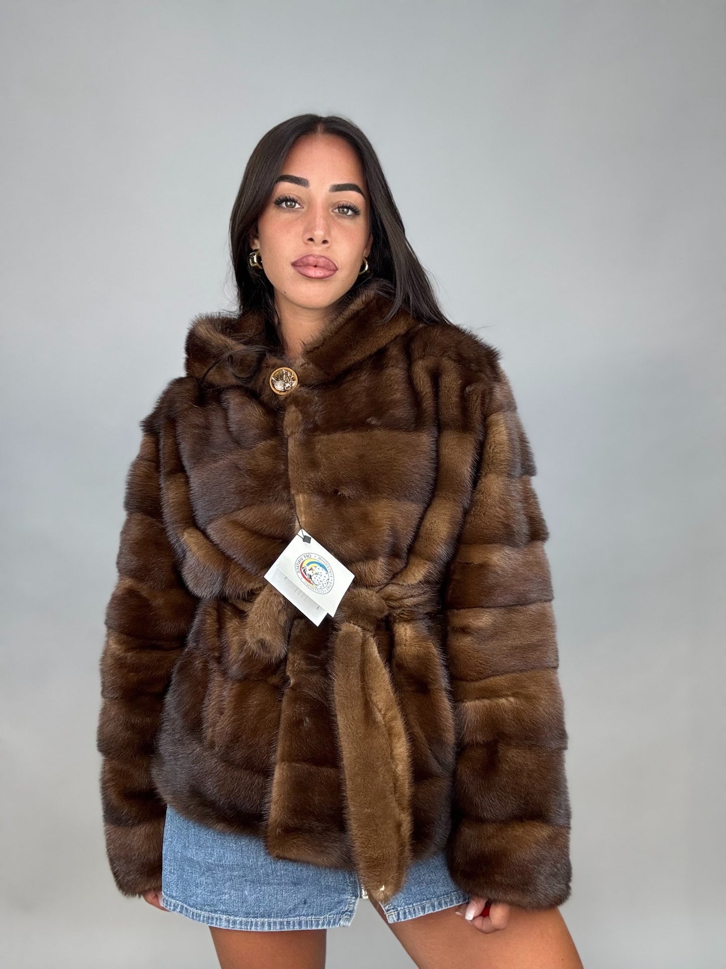 Mink jacket with belt and hood