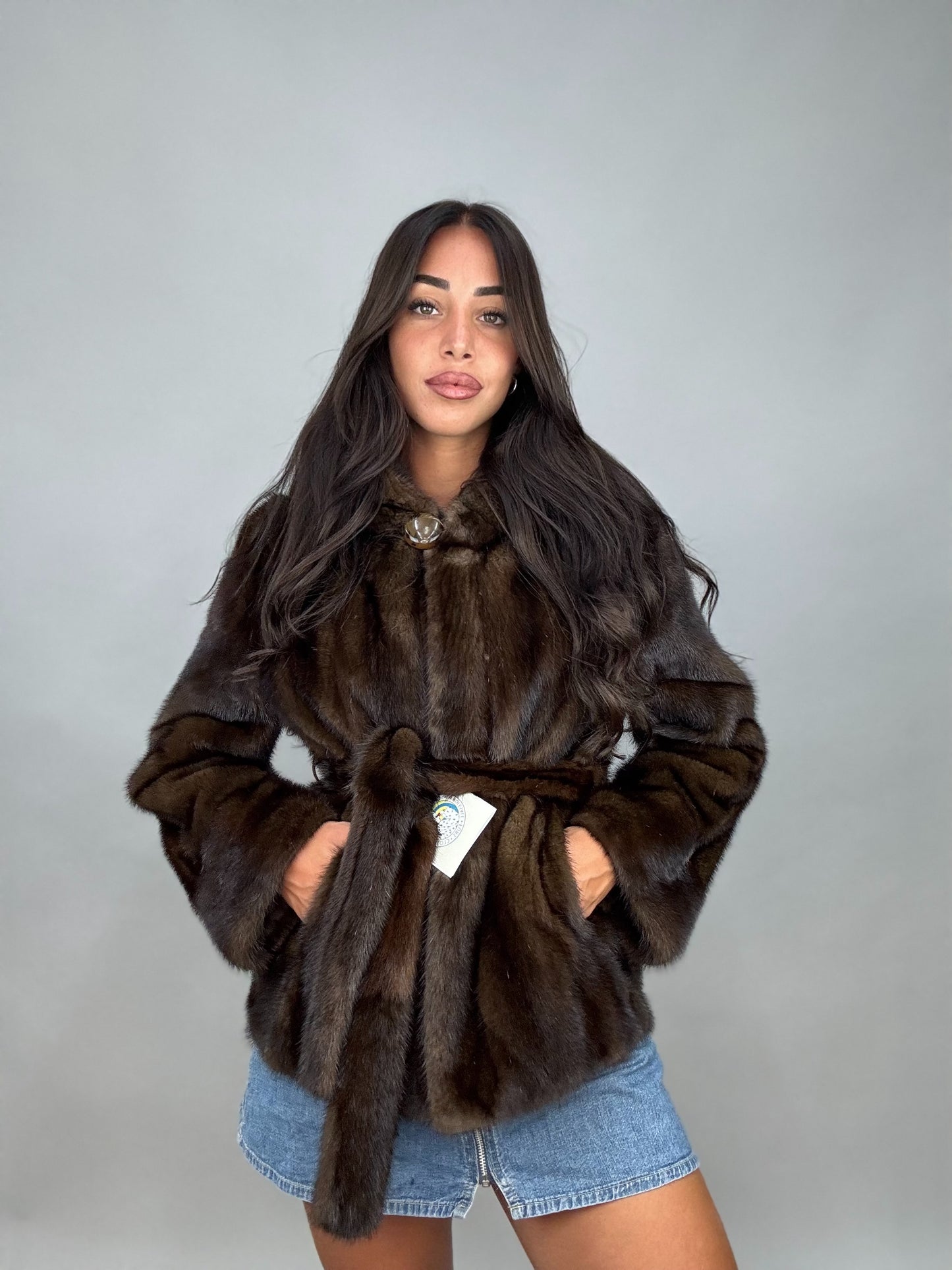 Mink jacket with belt and hood