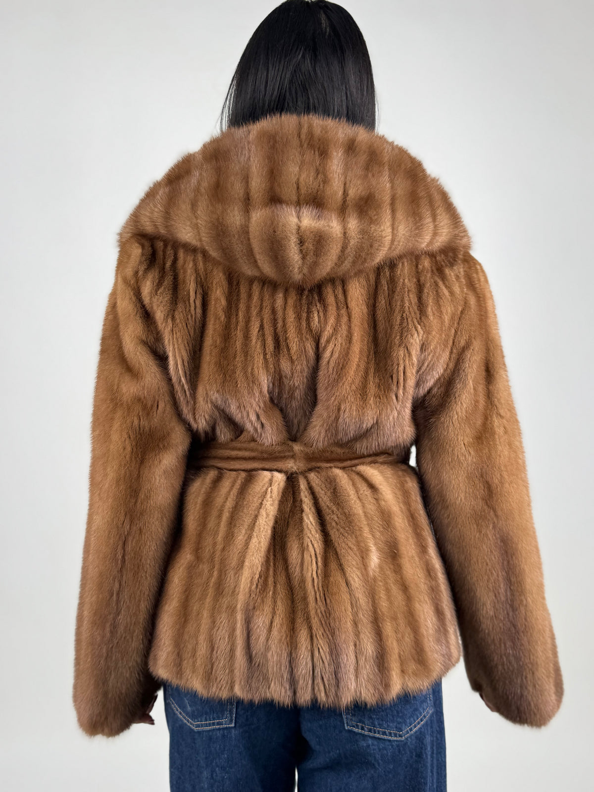 Mink jacket with belt and hood