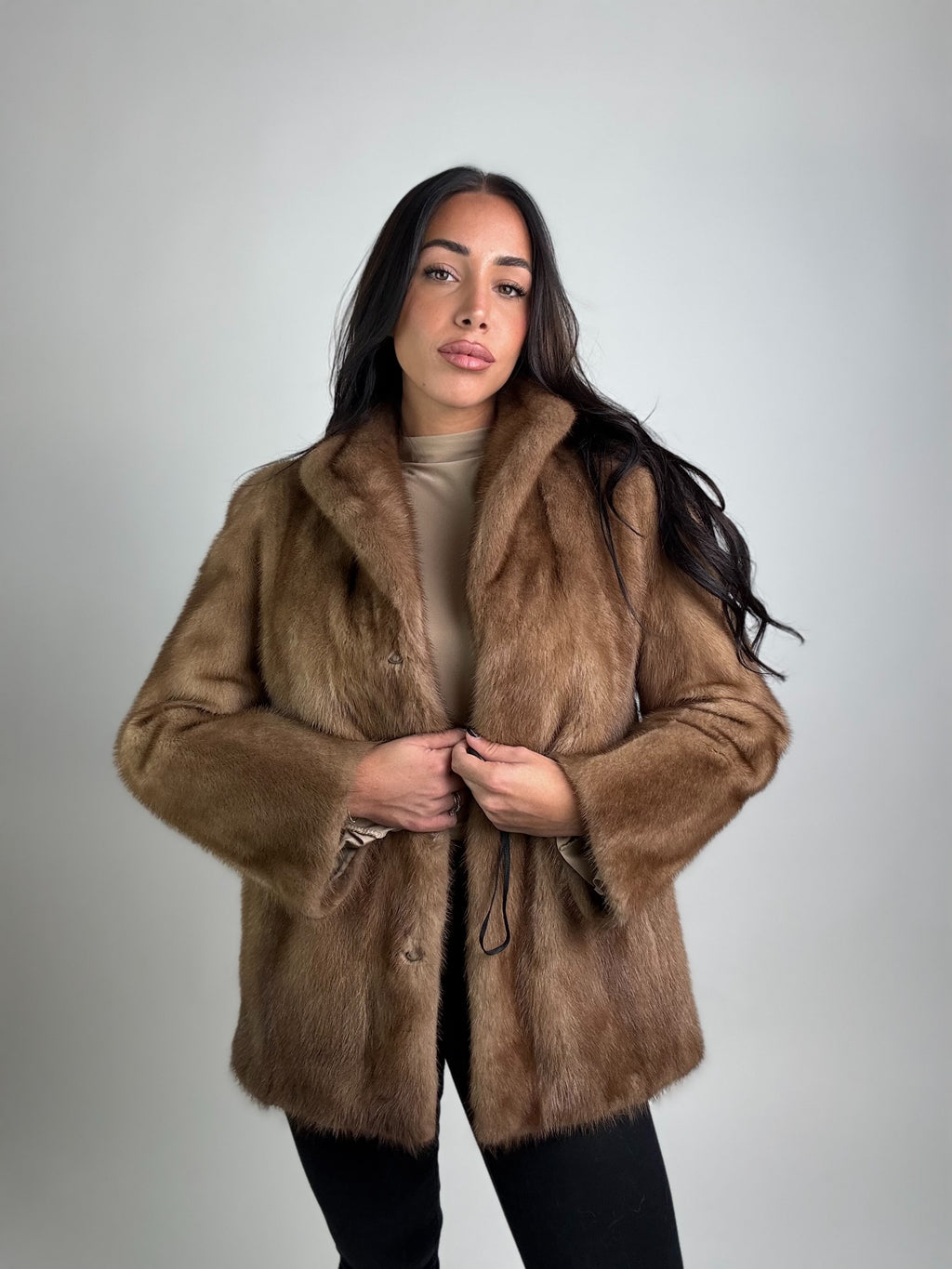 Mink vest with belt and hood