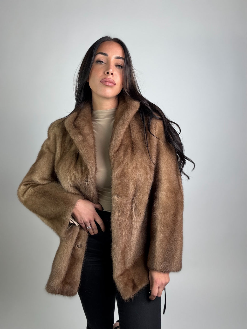 Mink vest with belt and hood