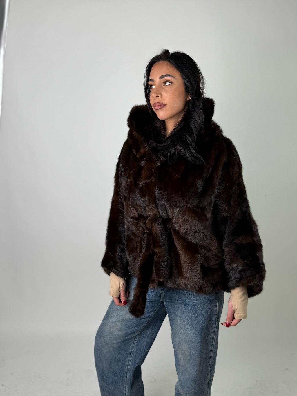 Mink jacket with belt and hood