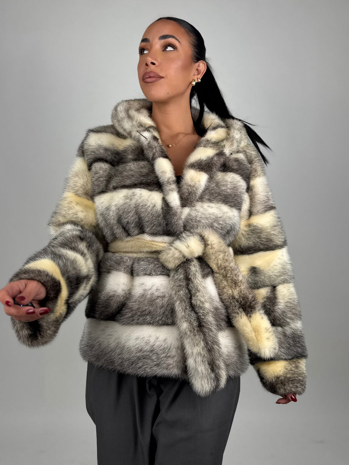 Mink jacket with belt and hood