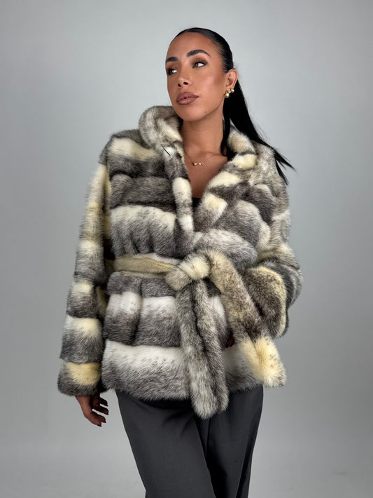 Mink jacket with belt and hood