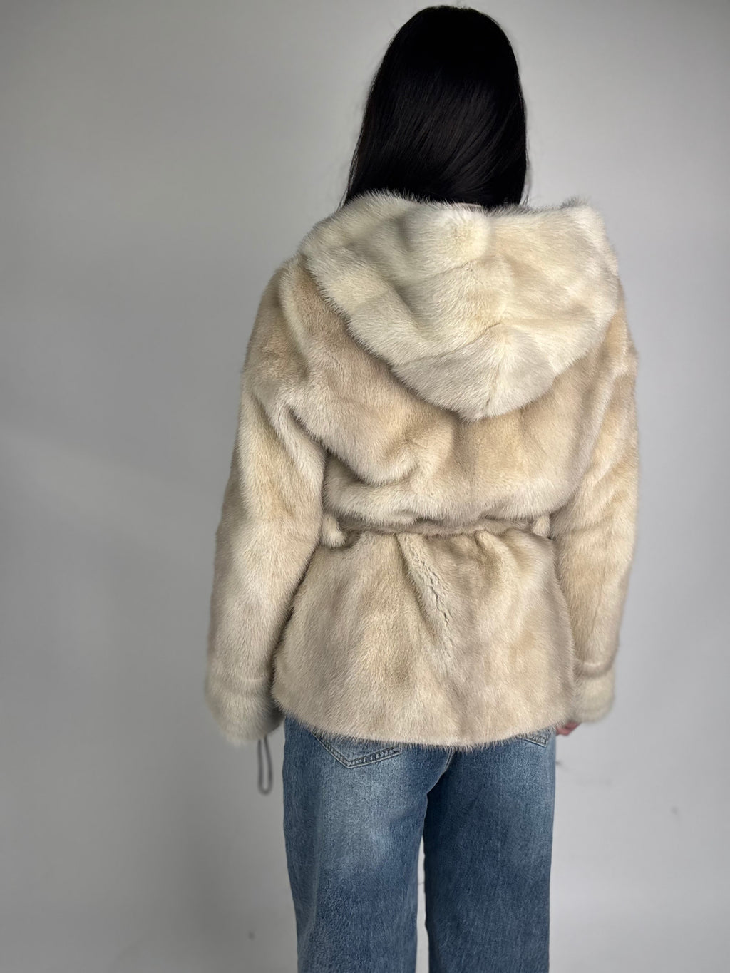Mink jacket with belt and hood