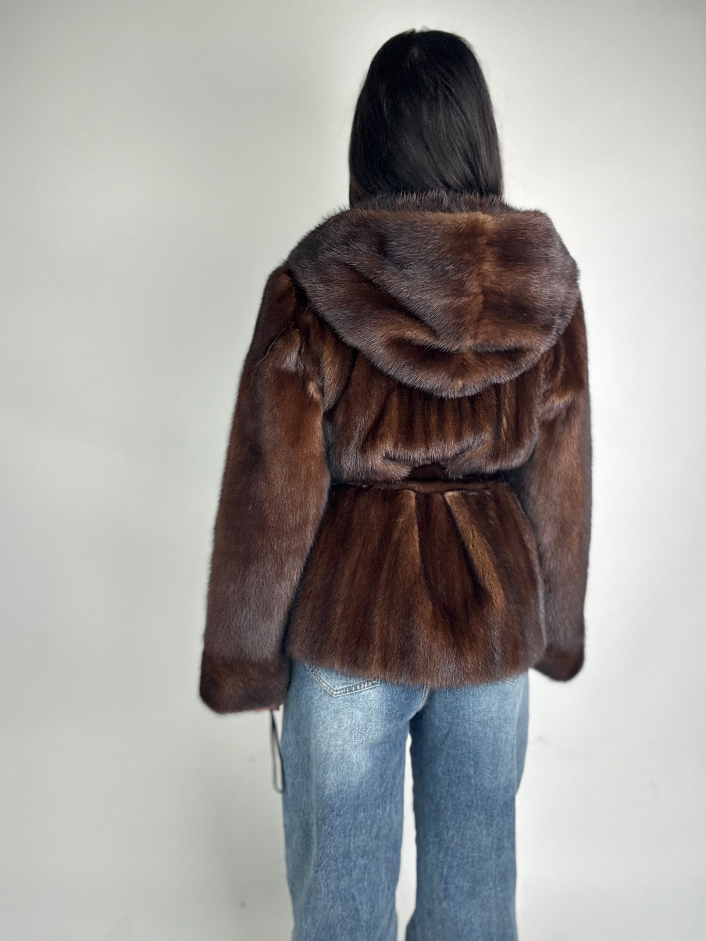 Mink jacket with belt and hood