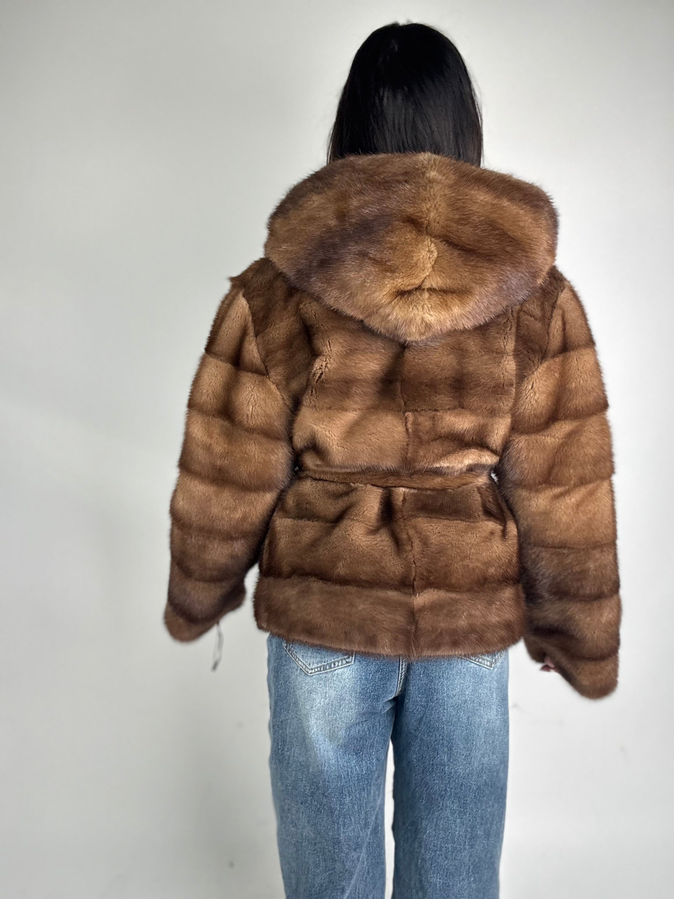 Mink jacket with belt and hood