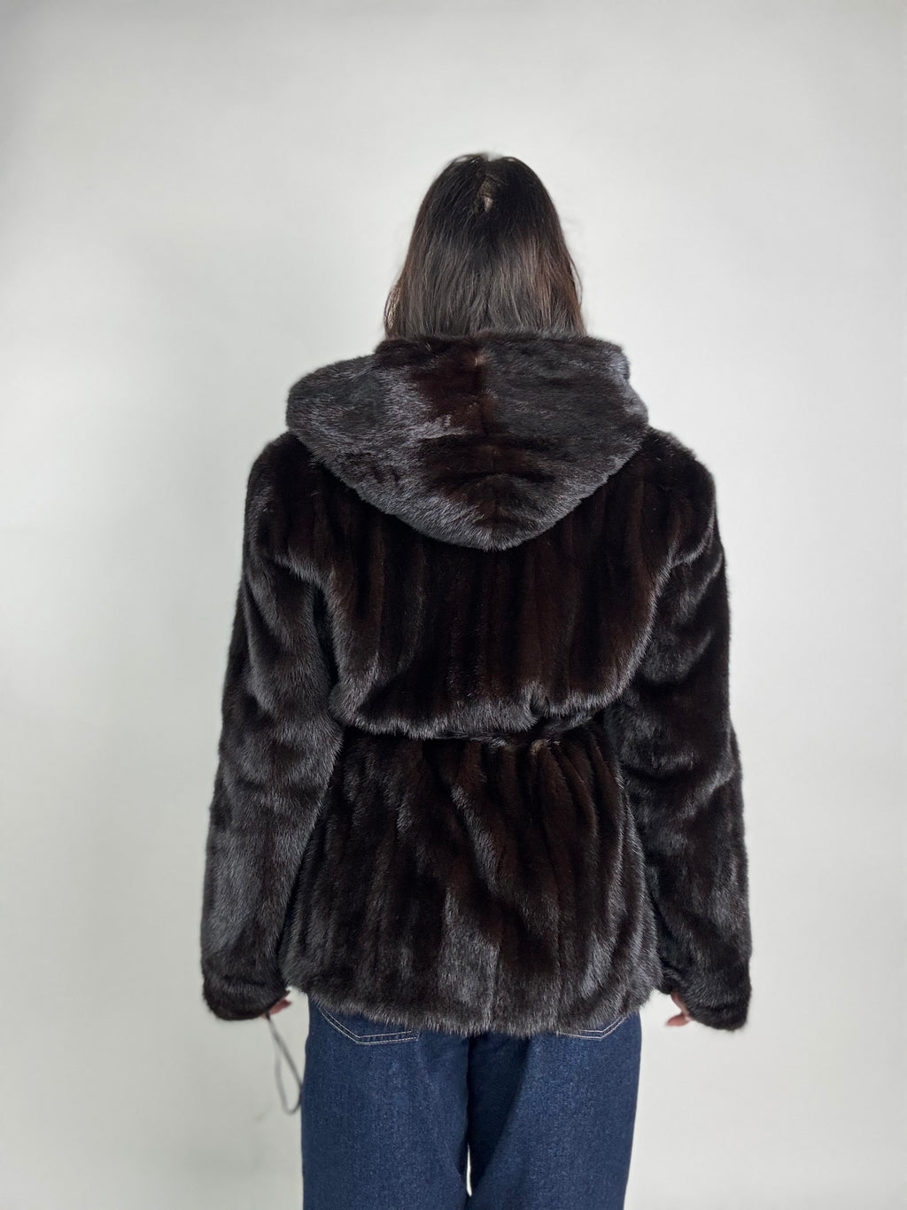 Giacca in visone cintura e cappuccio N245