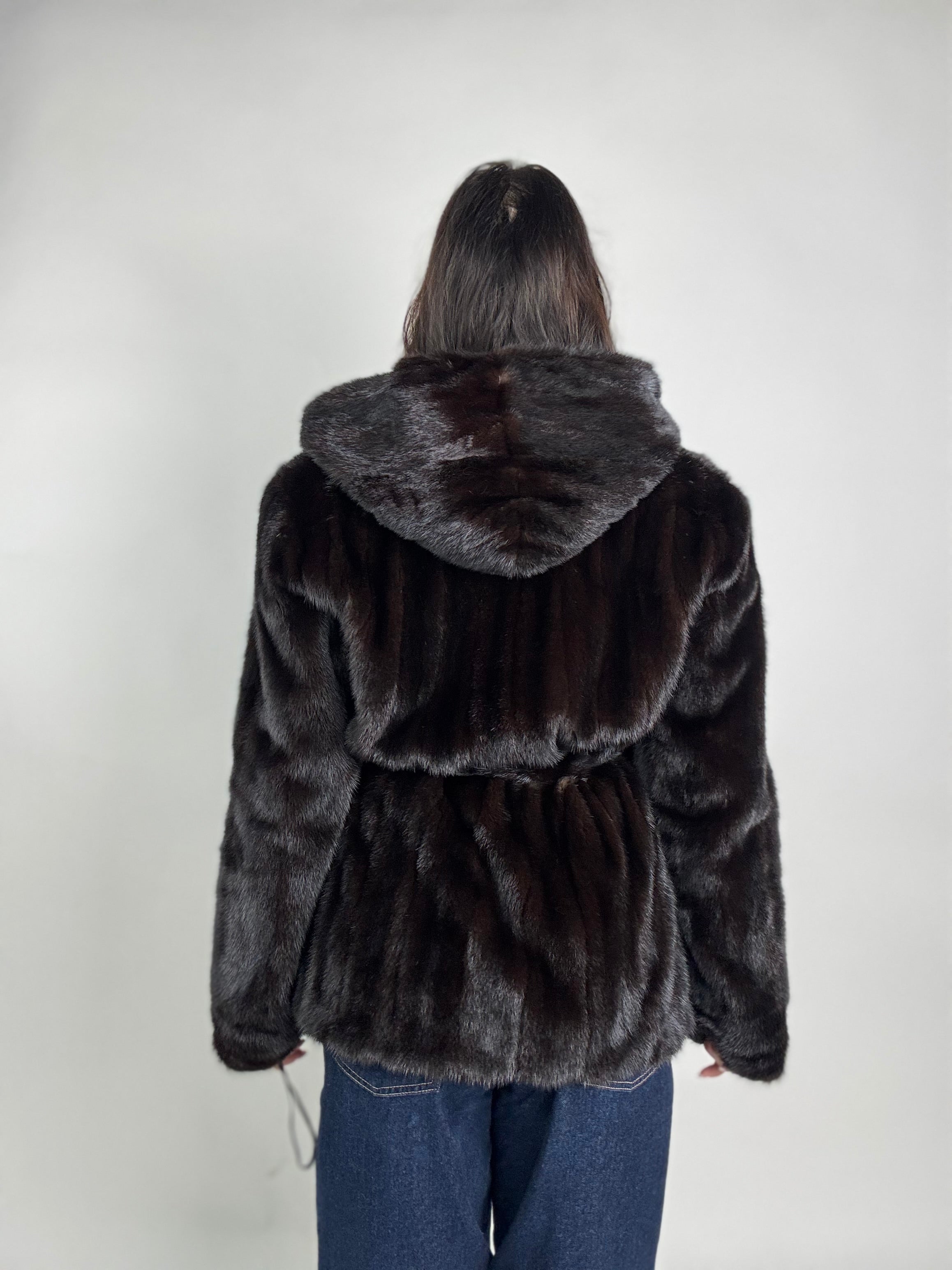 Giacca in visone cintura e cappuccio N245