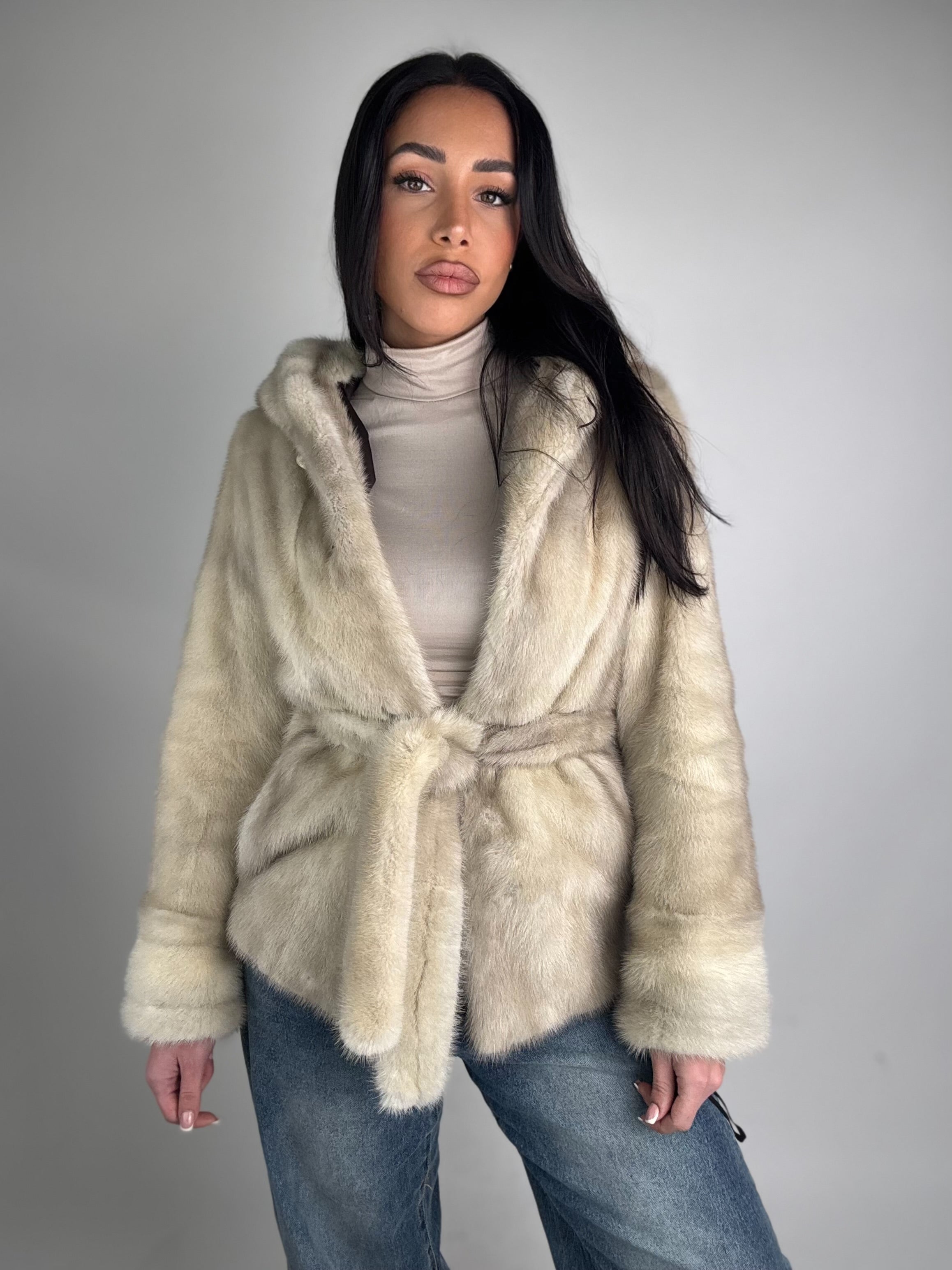 Mink jacket with belt and hood