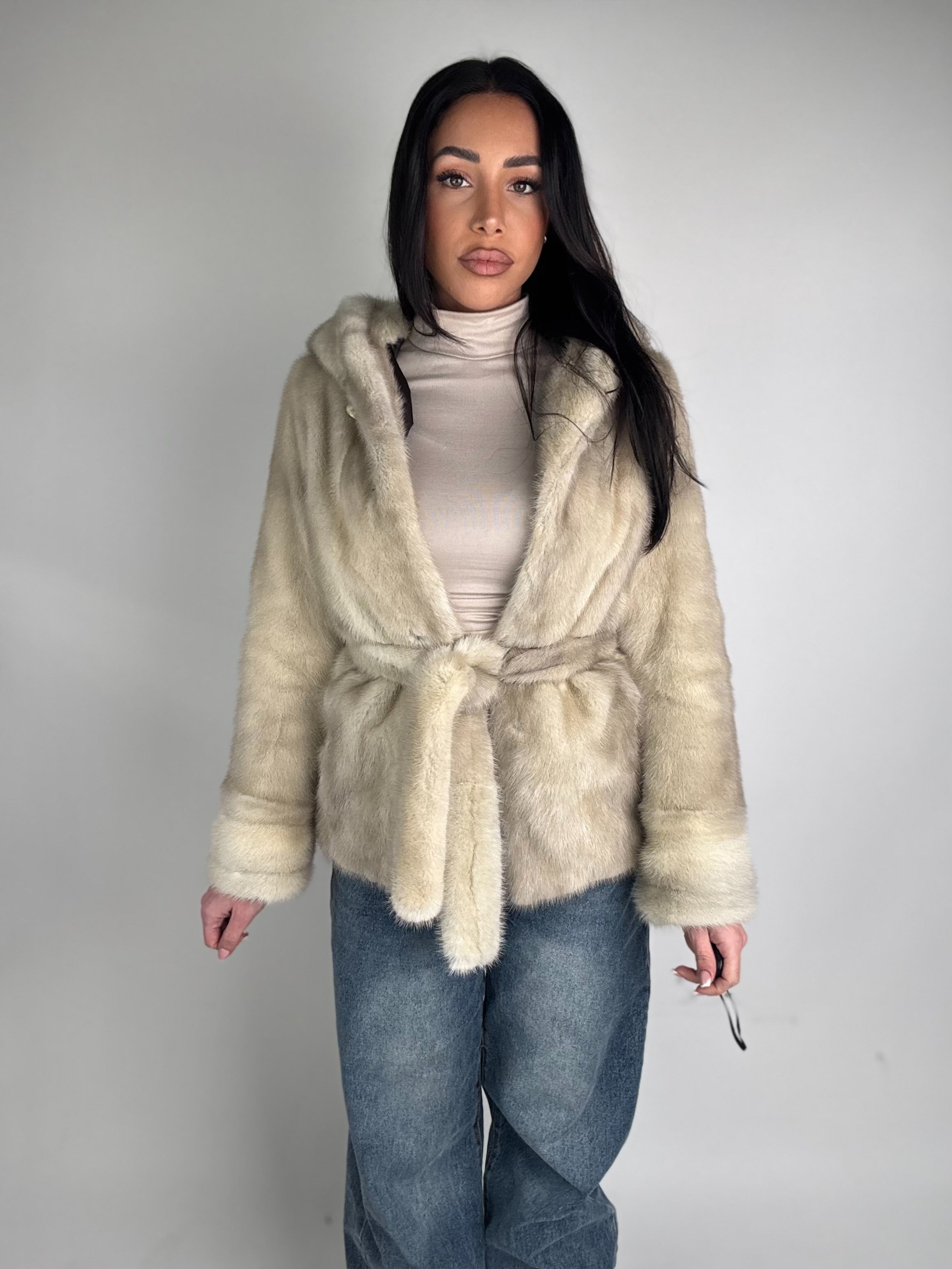 Mink jacket with belt and hood