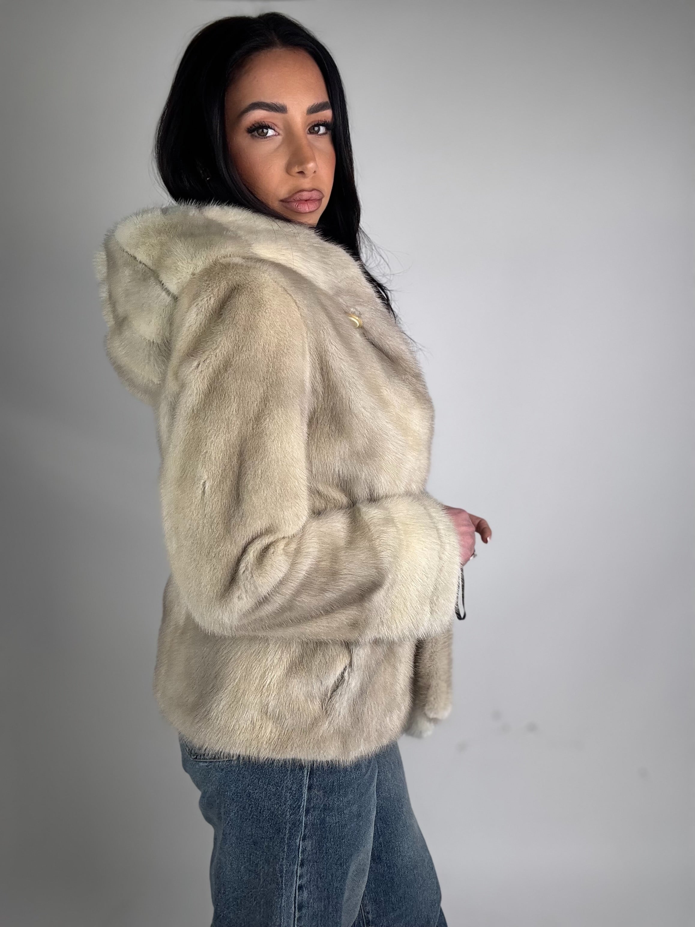 Mink jacket with belt and hood
