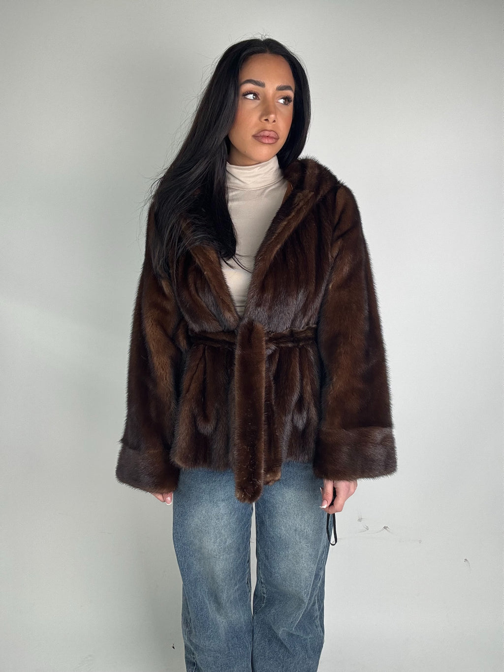 Mink jacket with belt and hood