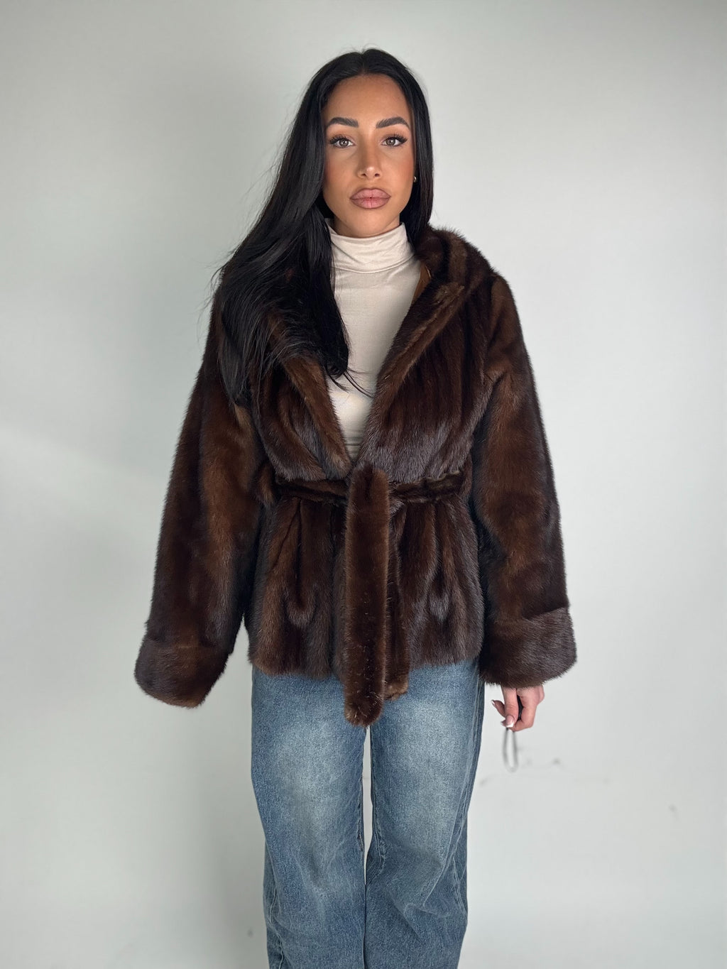 Mink jacket with belt and hood