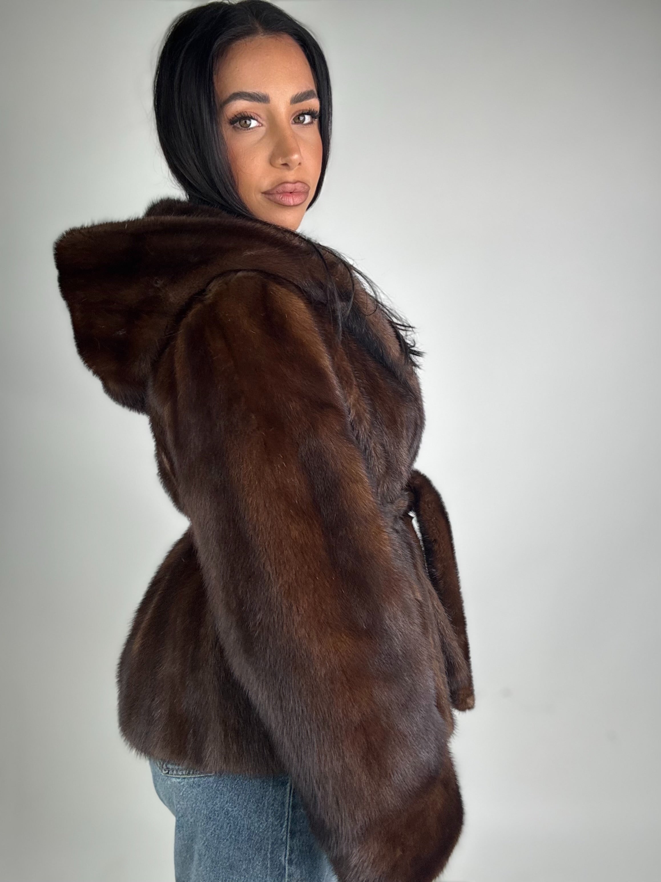 Mink jacket with belt and hood