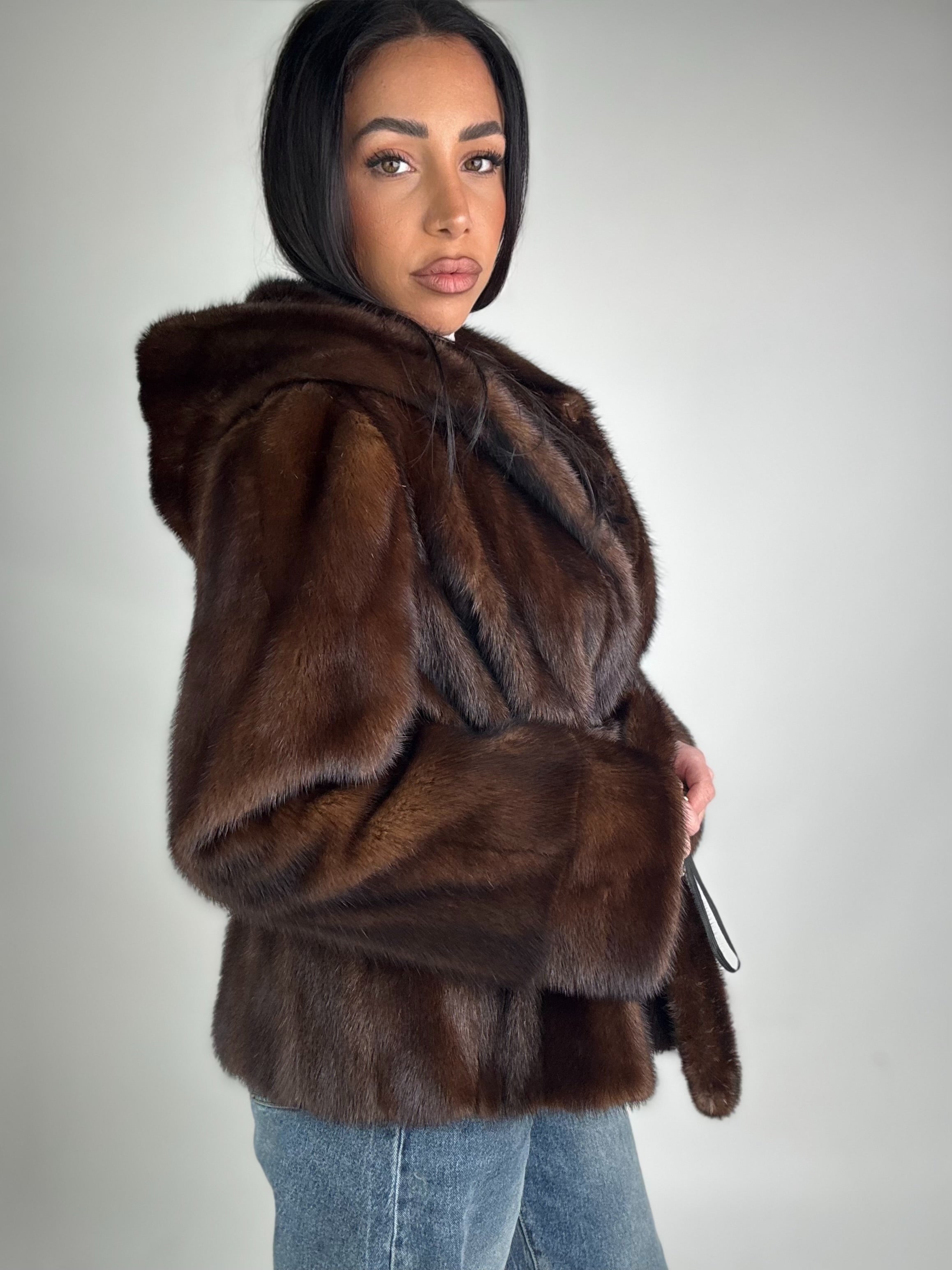 Mink jacket with belt and hood