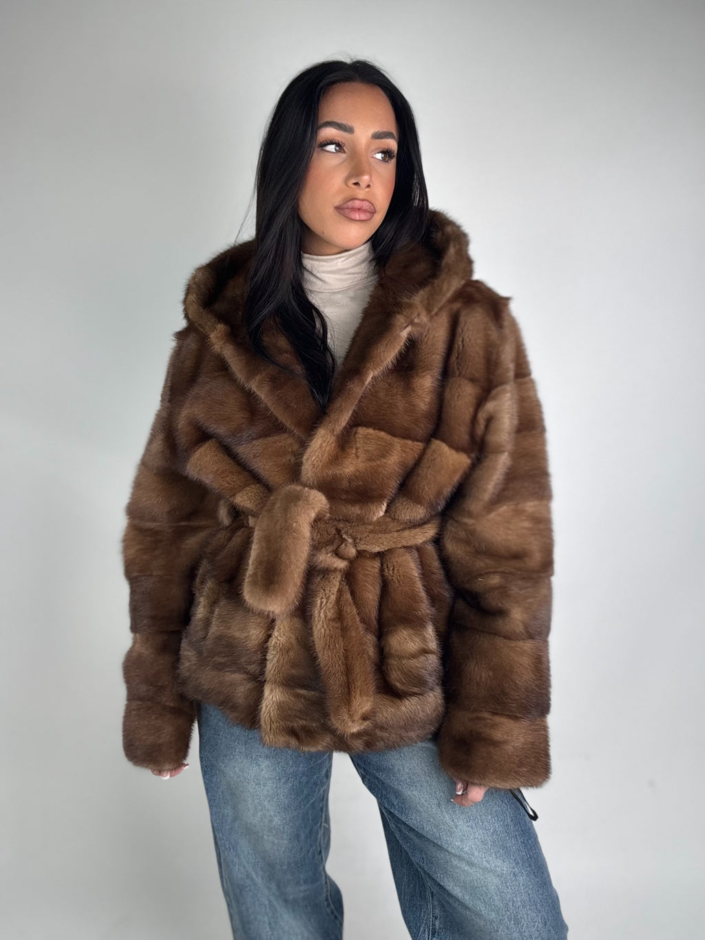 Mink jacket with belt and hood