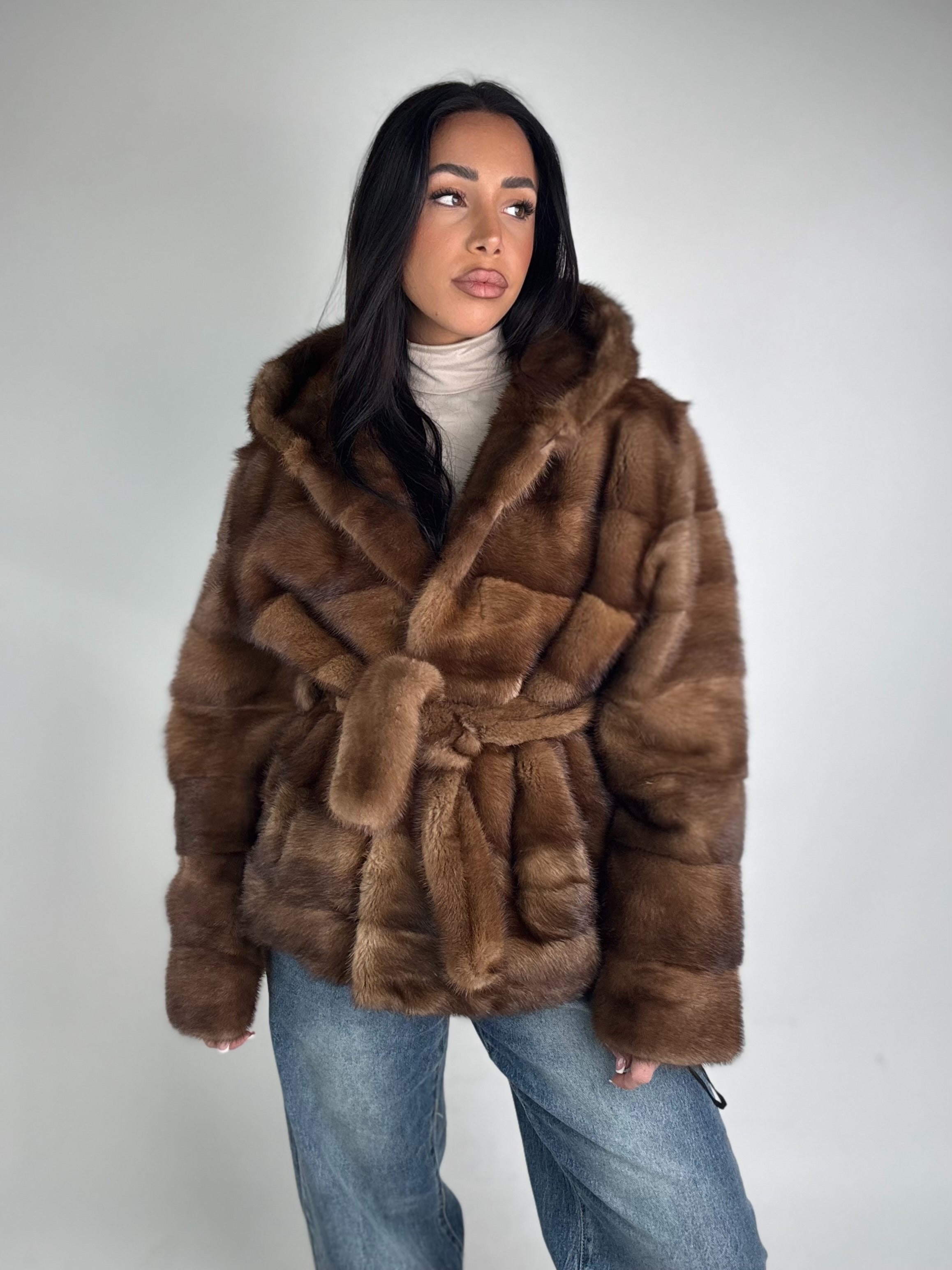 Mink jacket with belt and hood