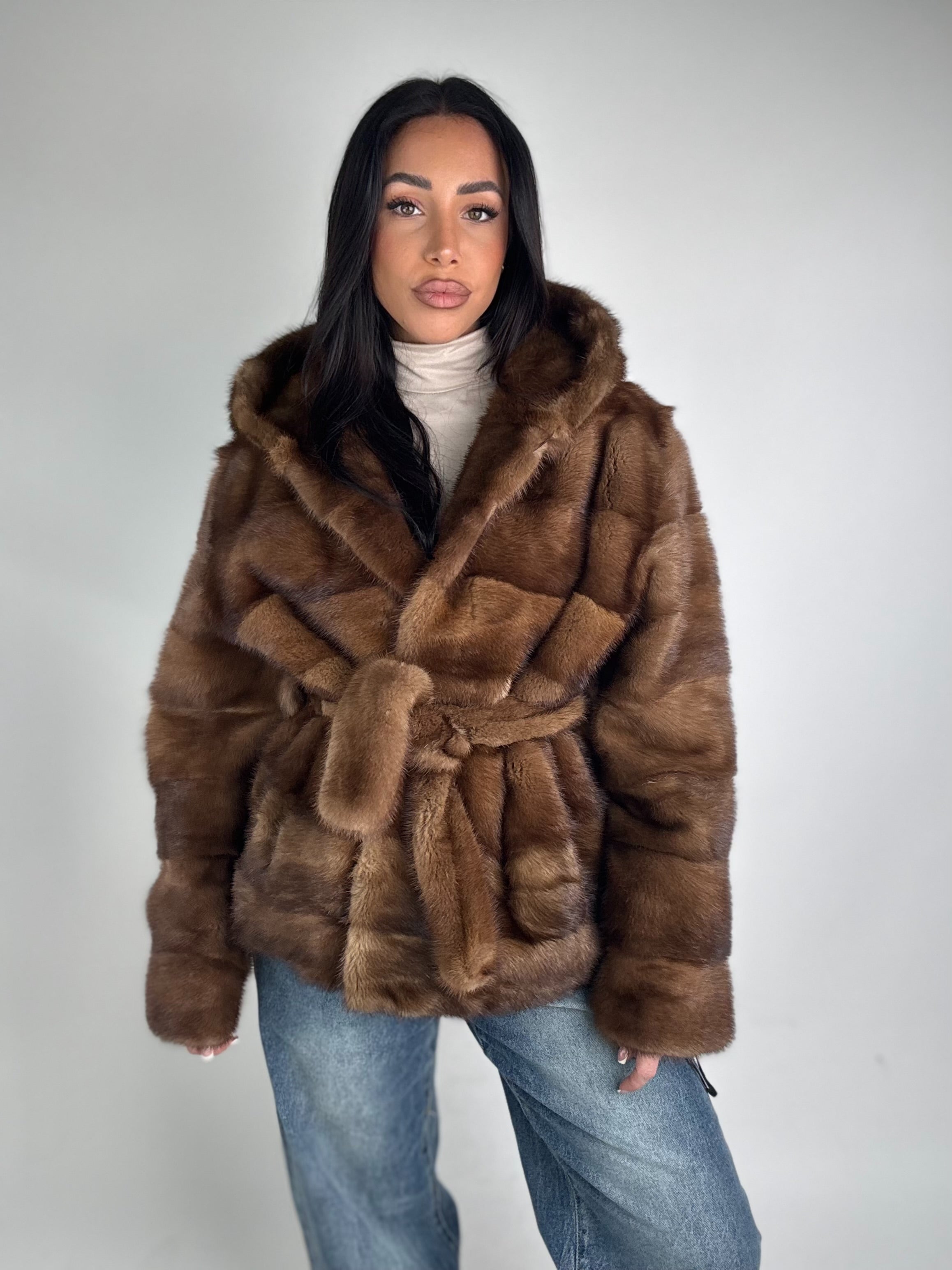 Mink jacket with belt and hood