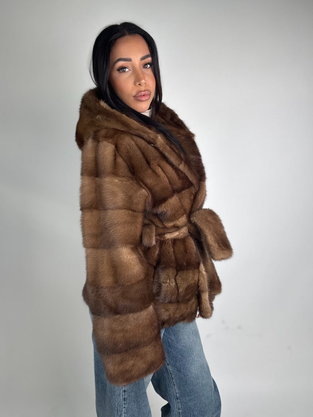 Mink jacket with belt and hood