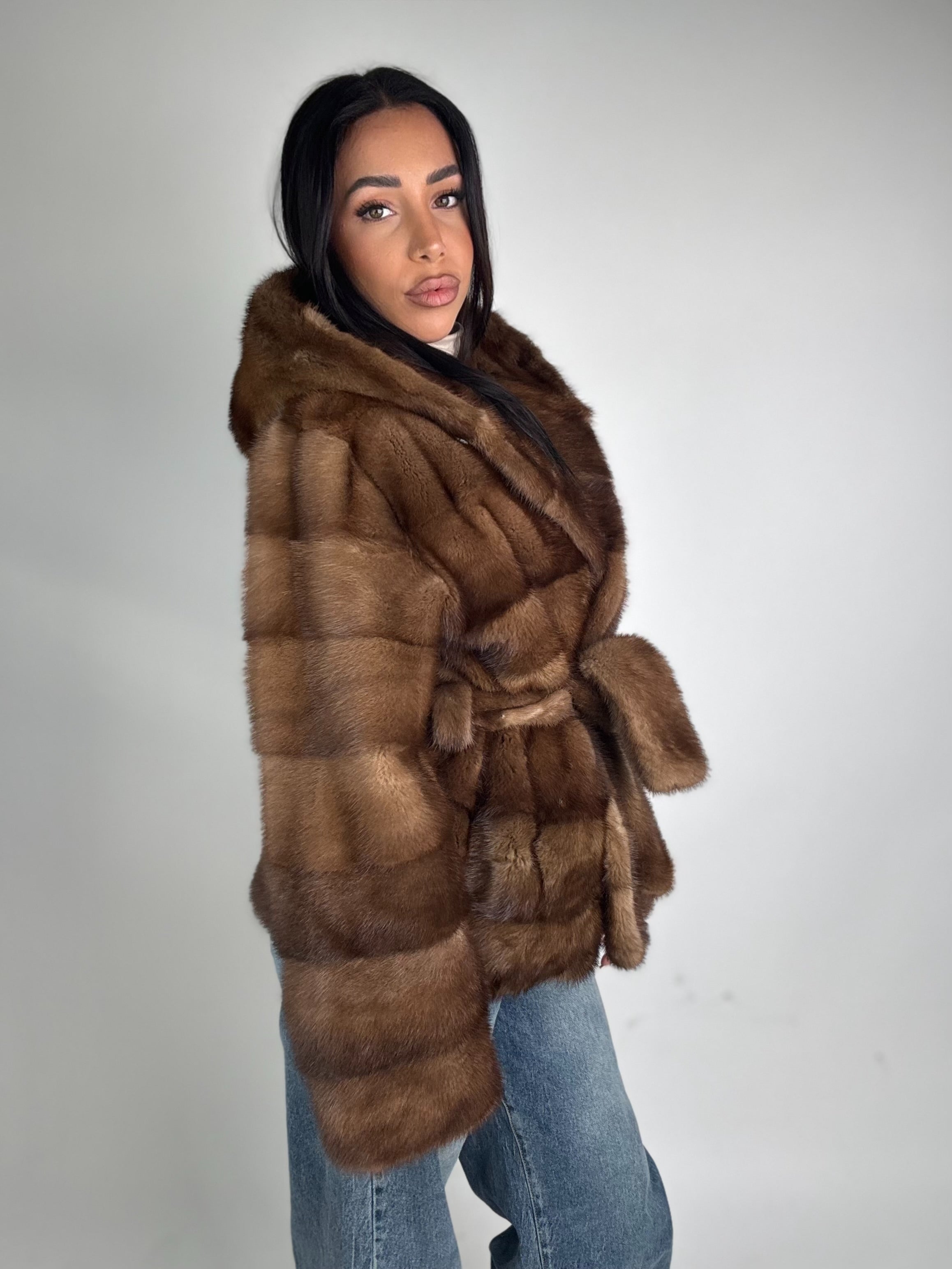 Mink jacket with belt and hood