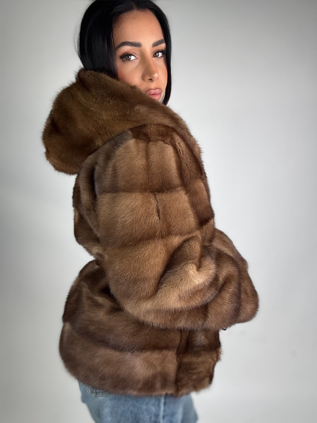 Mink jacket with belt and hood