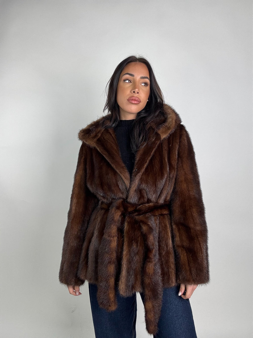 Giacca in visone cintura e cappuccio N244