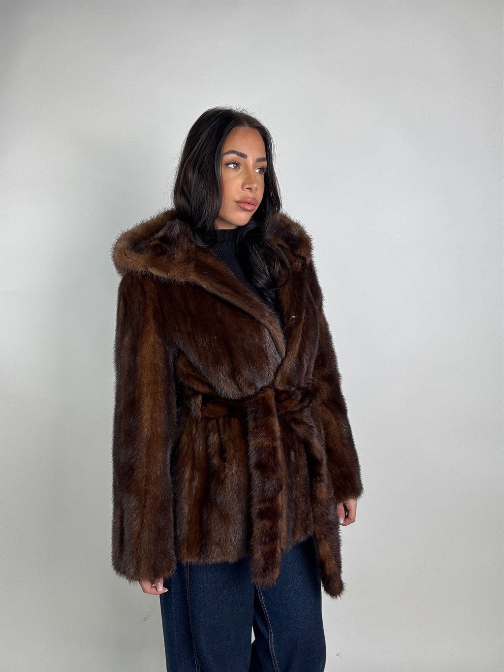 Giacca in visone cintura e cappuccio N244