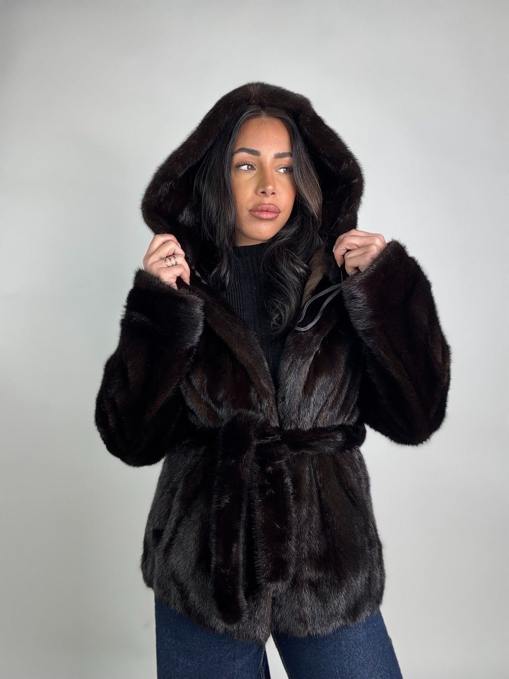 Giacca in visone cintura e cappuccio N245
