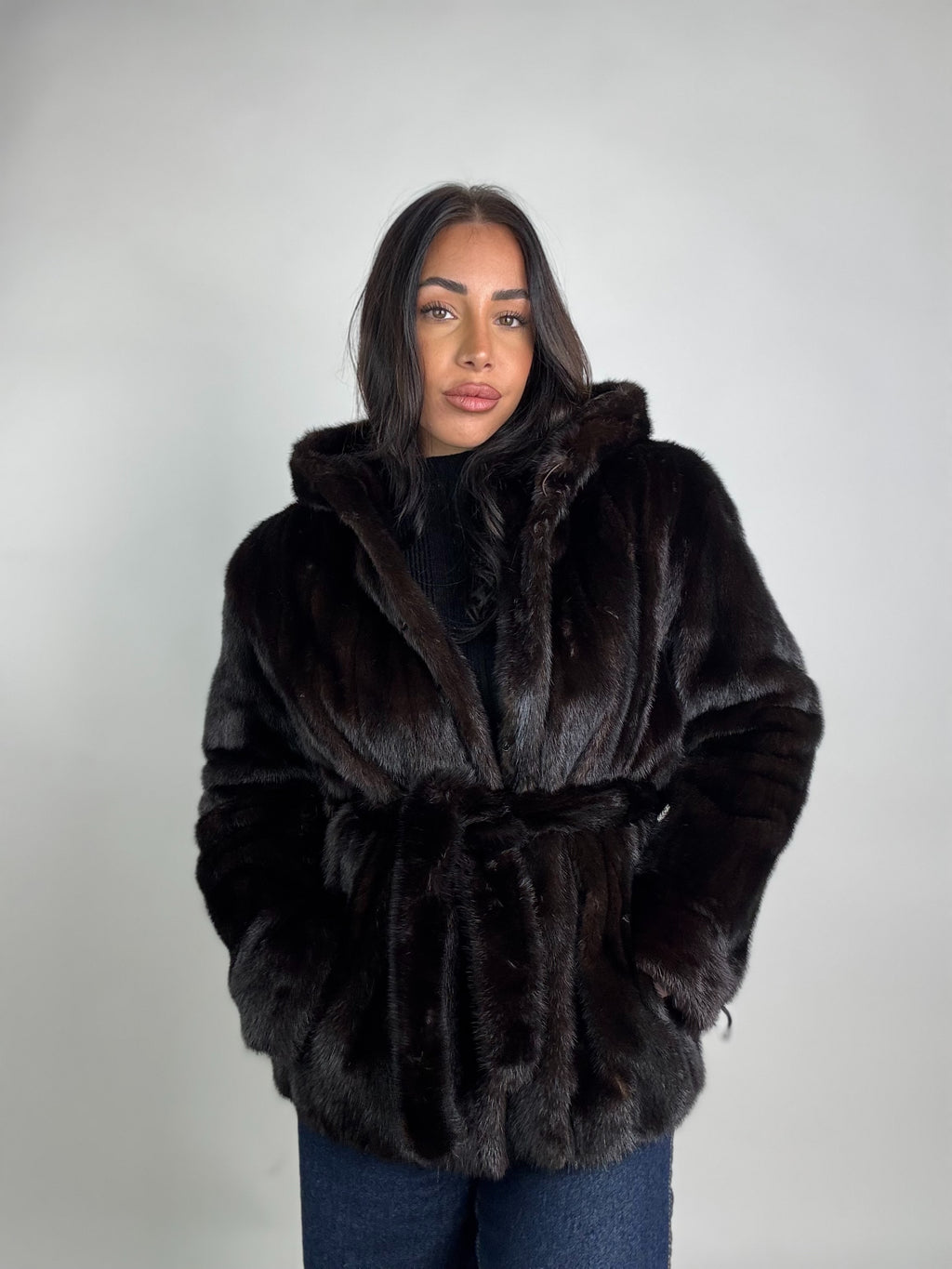 Giacca in visone cintura e cappuccio N245