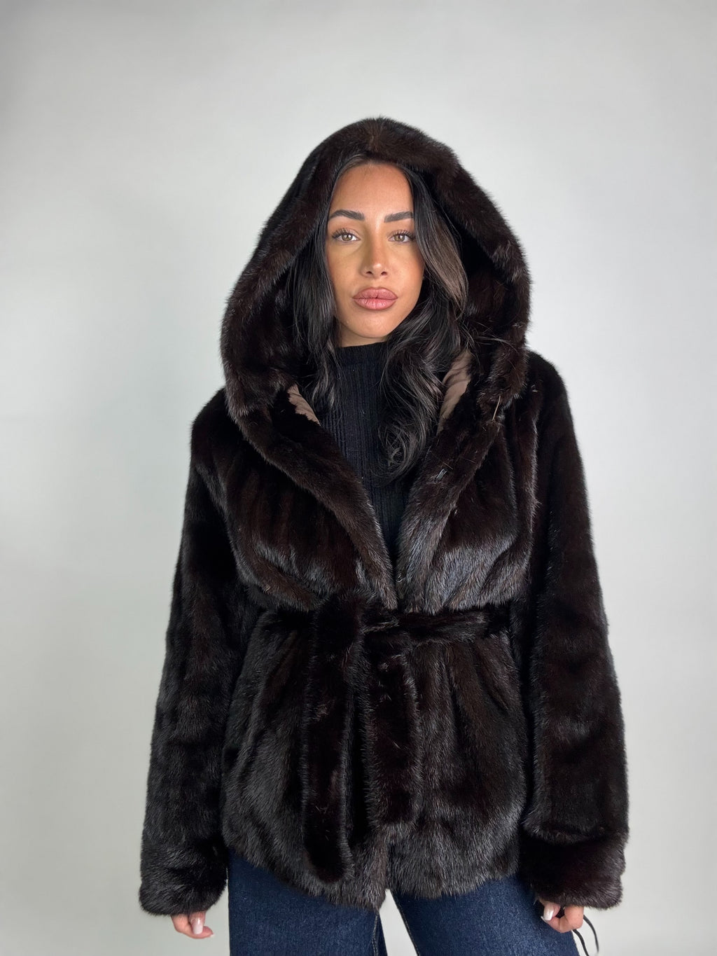 Giacca in visone cintura e cappuccio N245