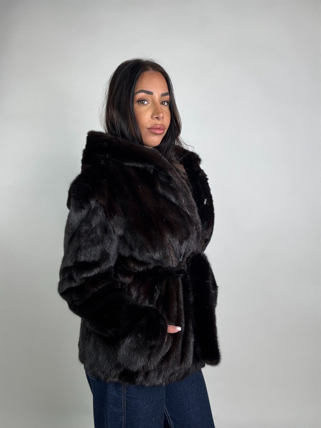 Giacca in visone cintura e cappuccio N245