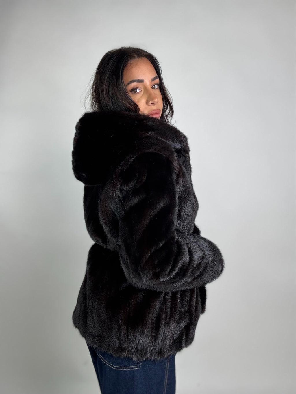 Giacca in visone cintura e cappuccio N245