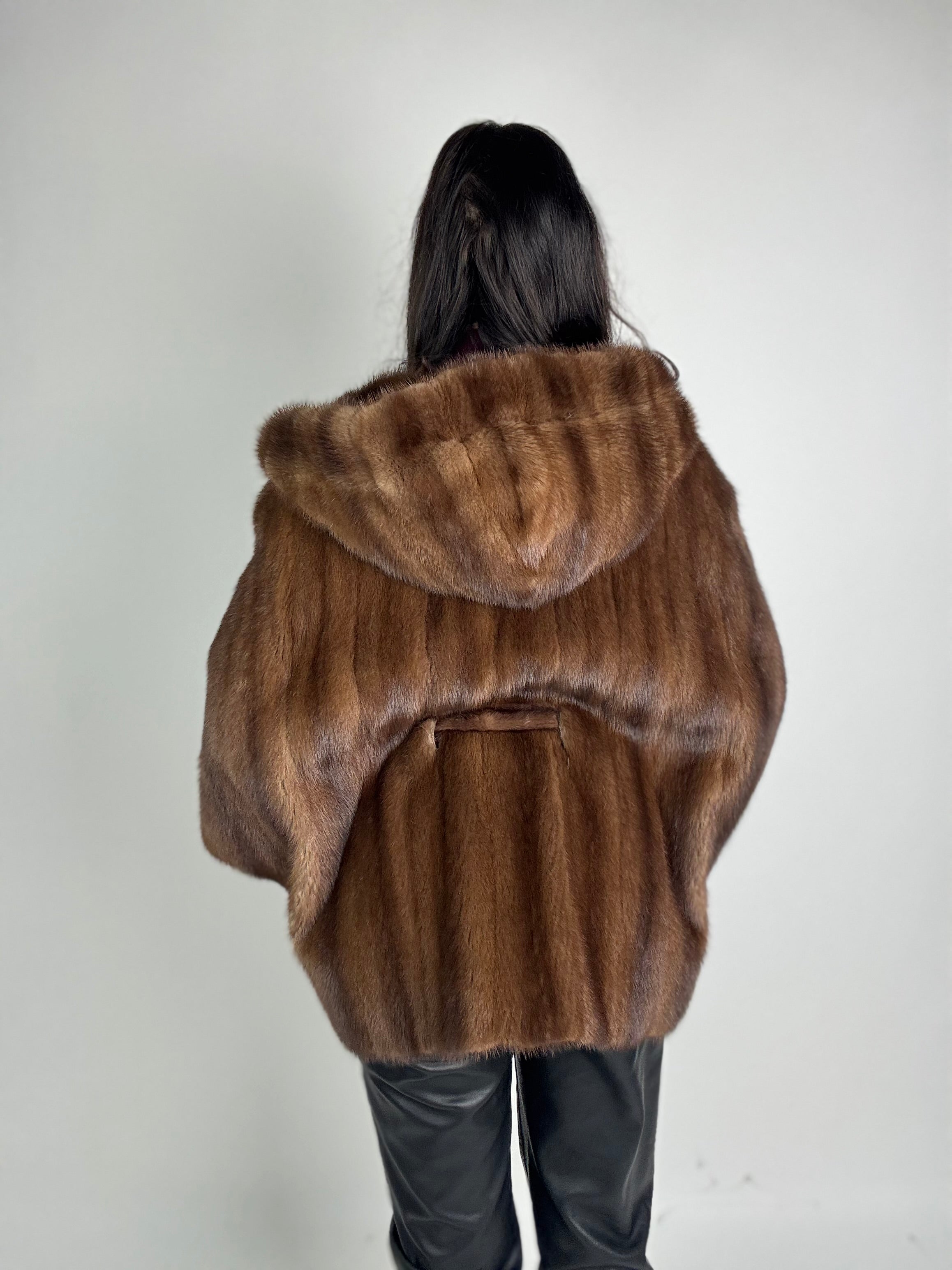Mink jacket with belt and hood