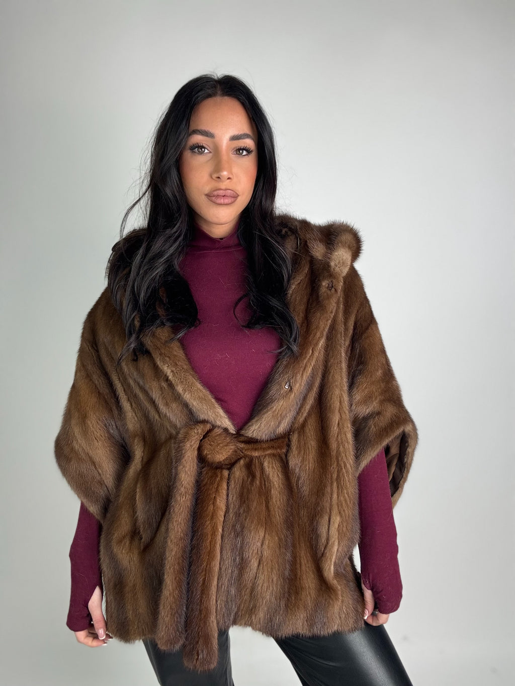 Mink jacket with belt and hood