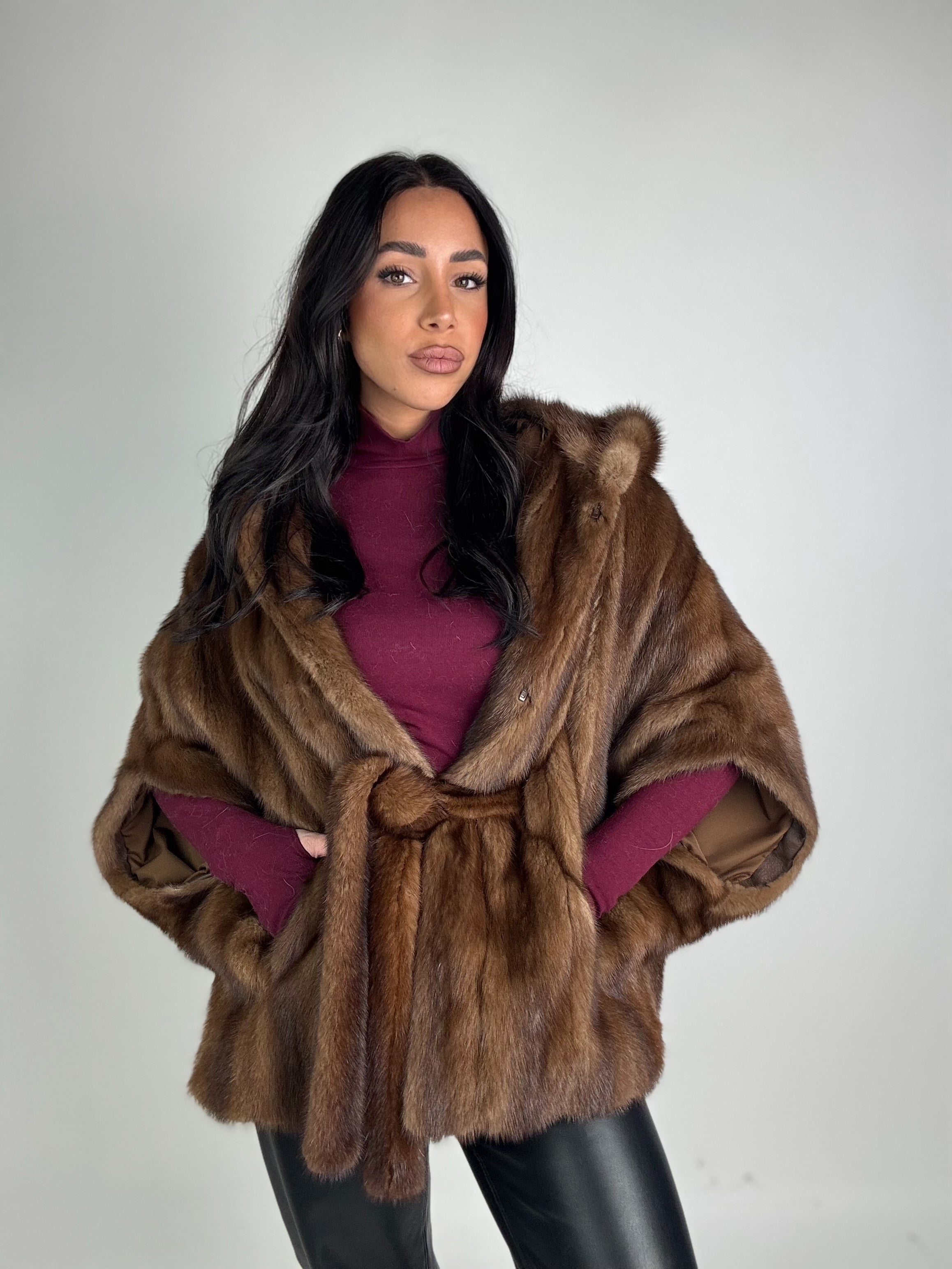 Mink jacket with belt and hood
